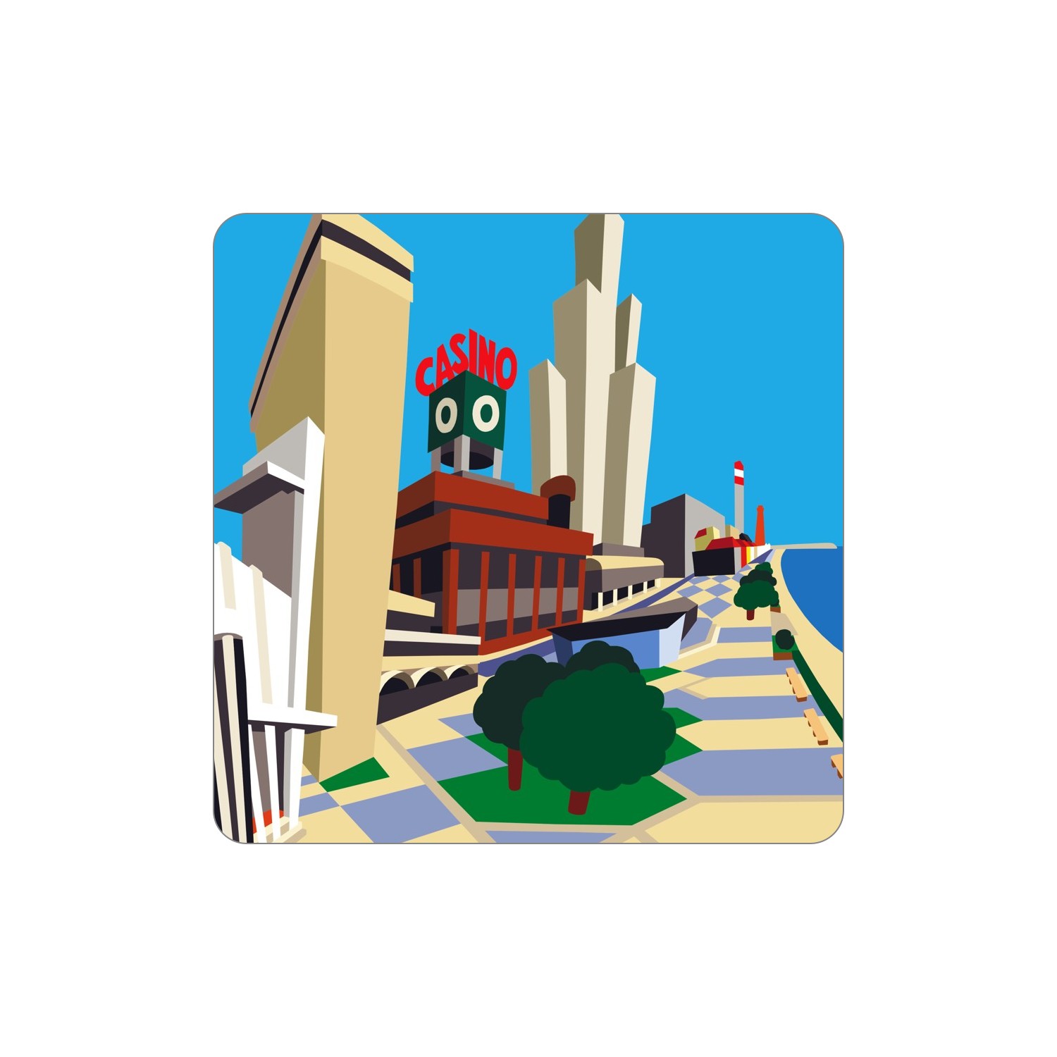 ESPINHO Ímanes – Casino Ilustração digital de cidade costeira com prédios altos e letreiro CASINO