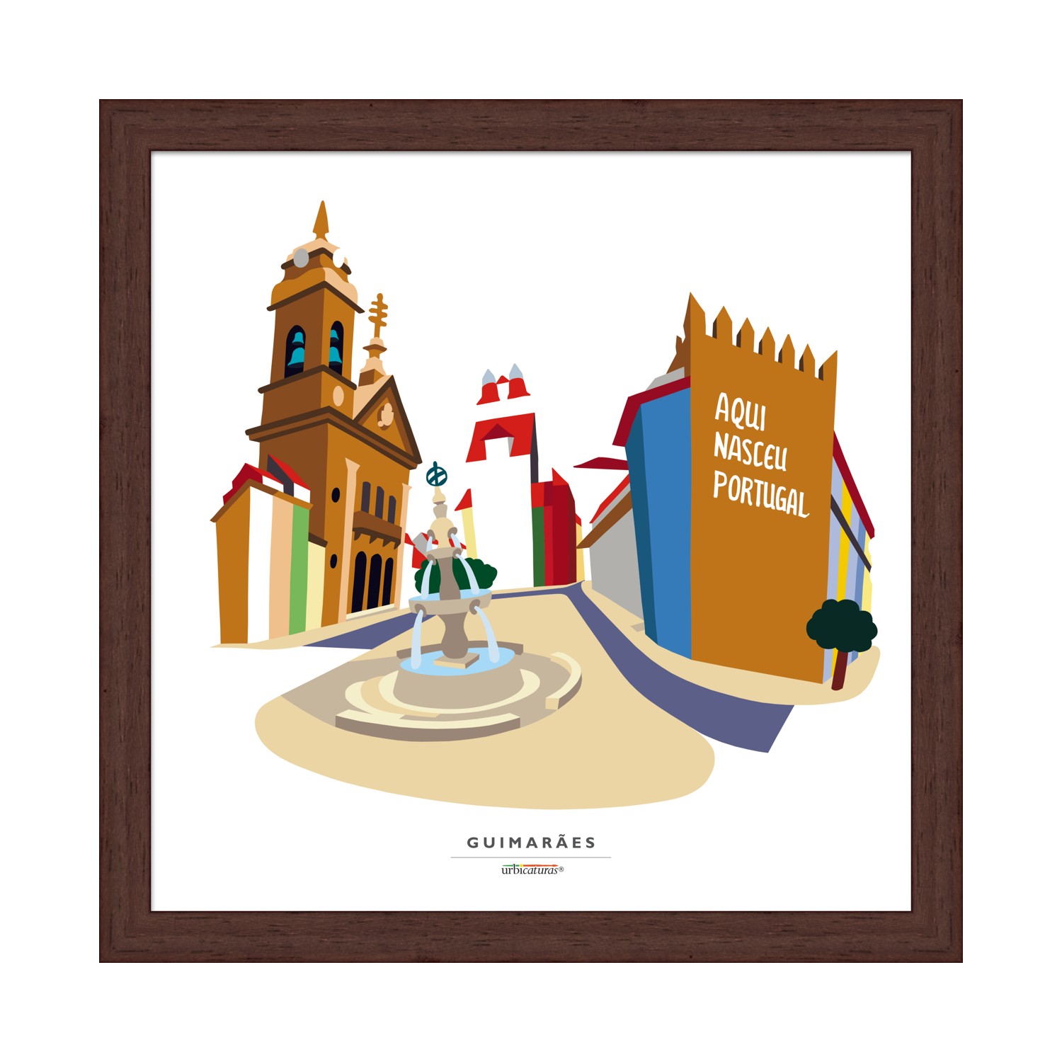 GUIMARÃES Recortes – Toural Quadro com arte colorida estilizada de Guimarães e frase AQUI NASCEU PORTUGAL