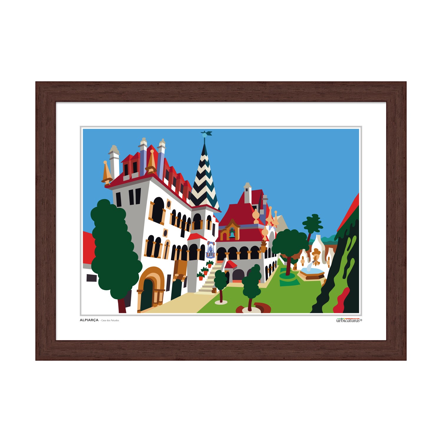 ALPIARÇA – Casa dos Patudos Quadro ilustrativo com edifícios coloridos e árvores em moldura castanha