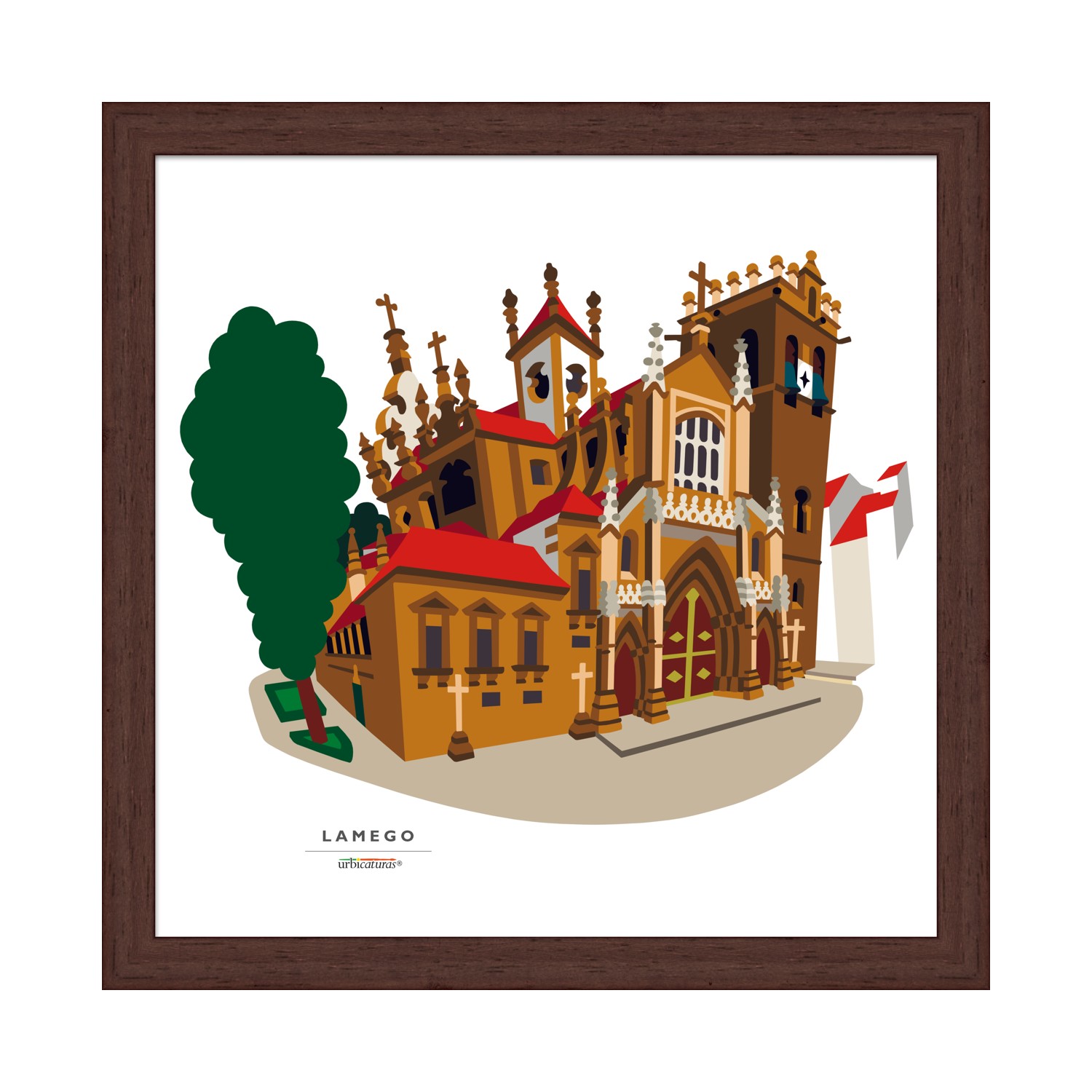 LAMEGO Recortes – Sé Ilustração gráfica de uma igreja com árvores e bandeiras