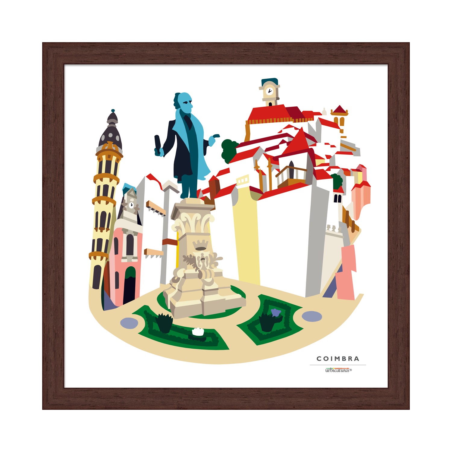 COIMBRA Recortes – Portagem Ilustração colorida de monumento e prédios de Coimbra em moldura de madeira escura