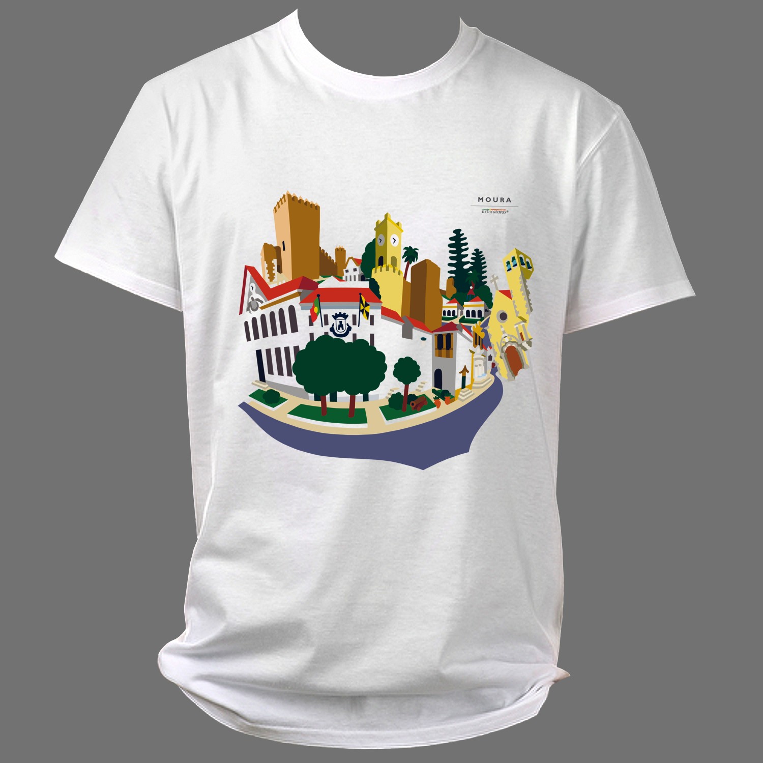 MOURA T-Shirts – Praça T-shirt branca com estampa de cenário urbano estilizado e a palavra MOURA.