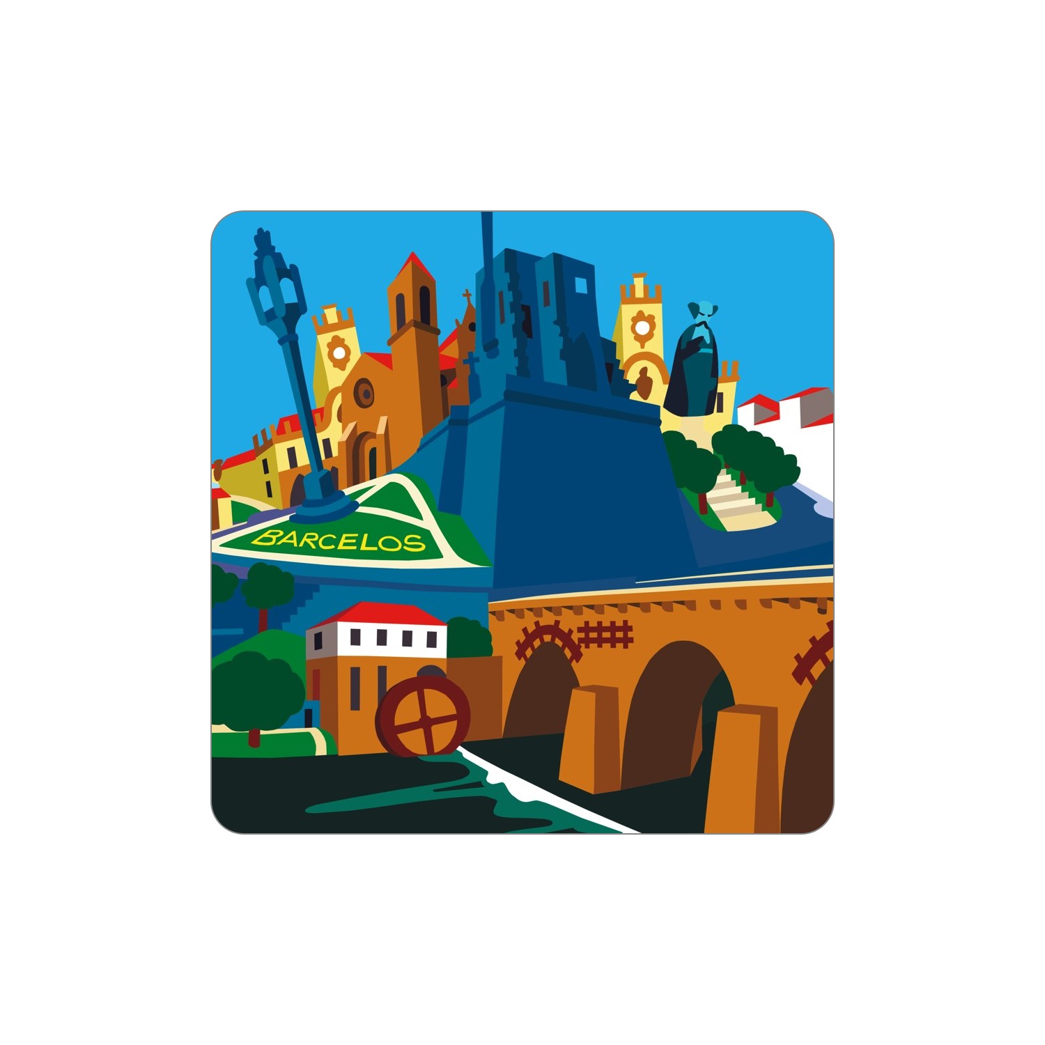 BARCELOS Ímanes – Geral Ilustração colorida de pontos turísticos de Barcelos com texto BARCELÓS