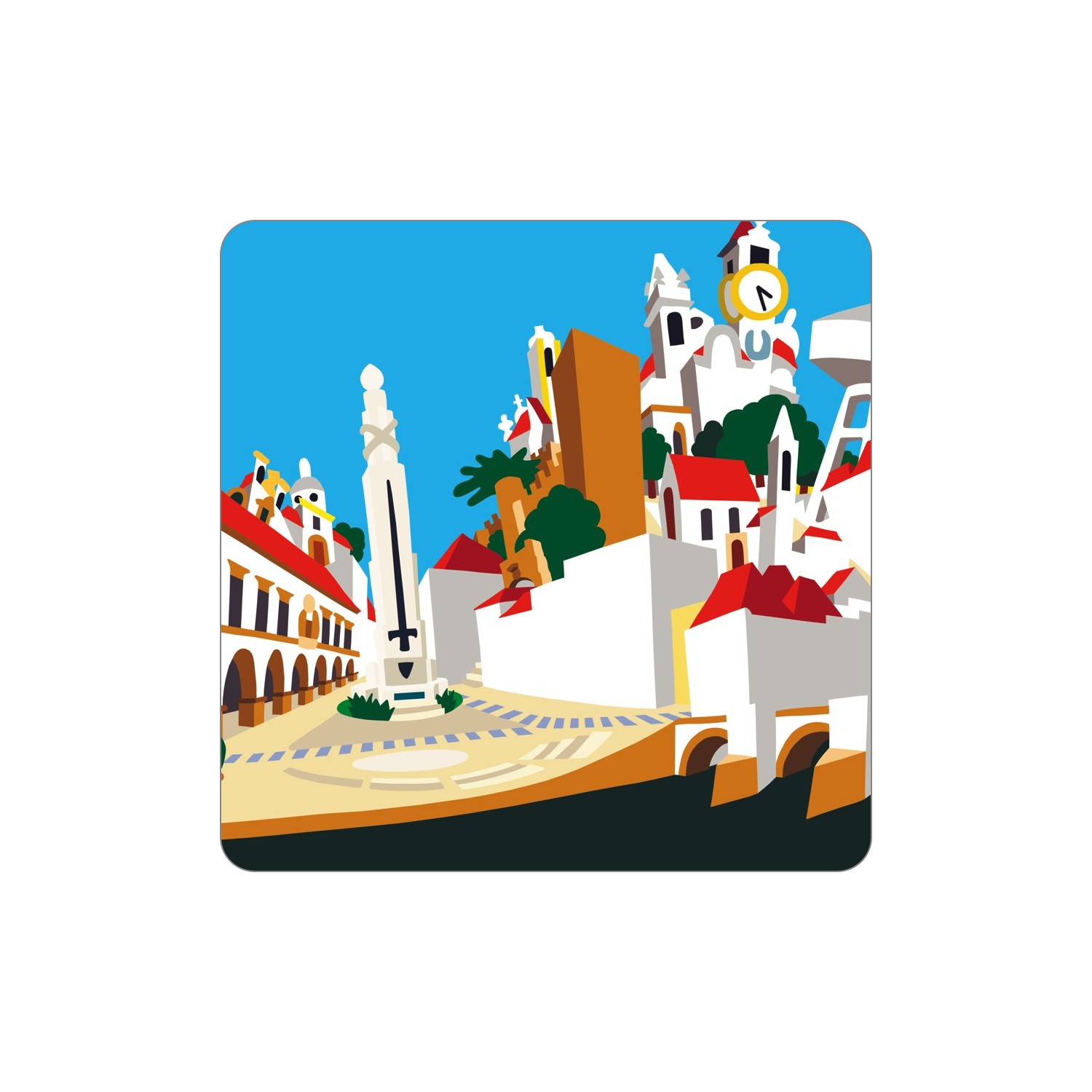 TAVIRA Ímanes – Geral Ilustração colorida de praça e monumento com prédios brancos e telhados vermelhos