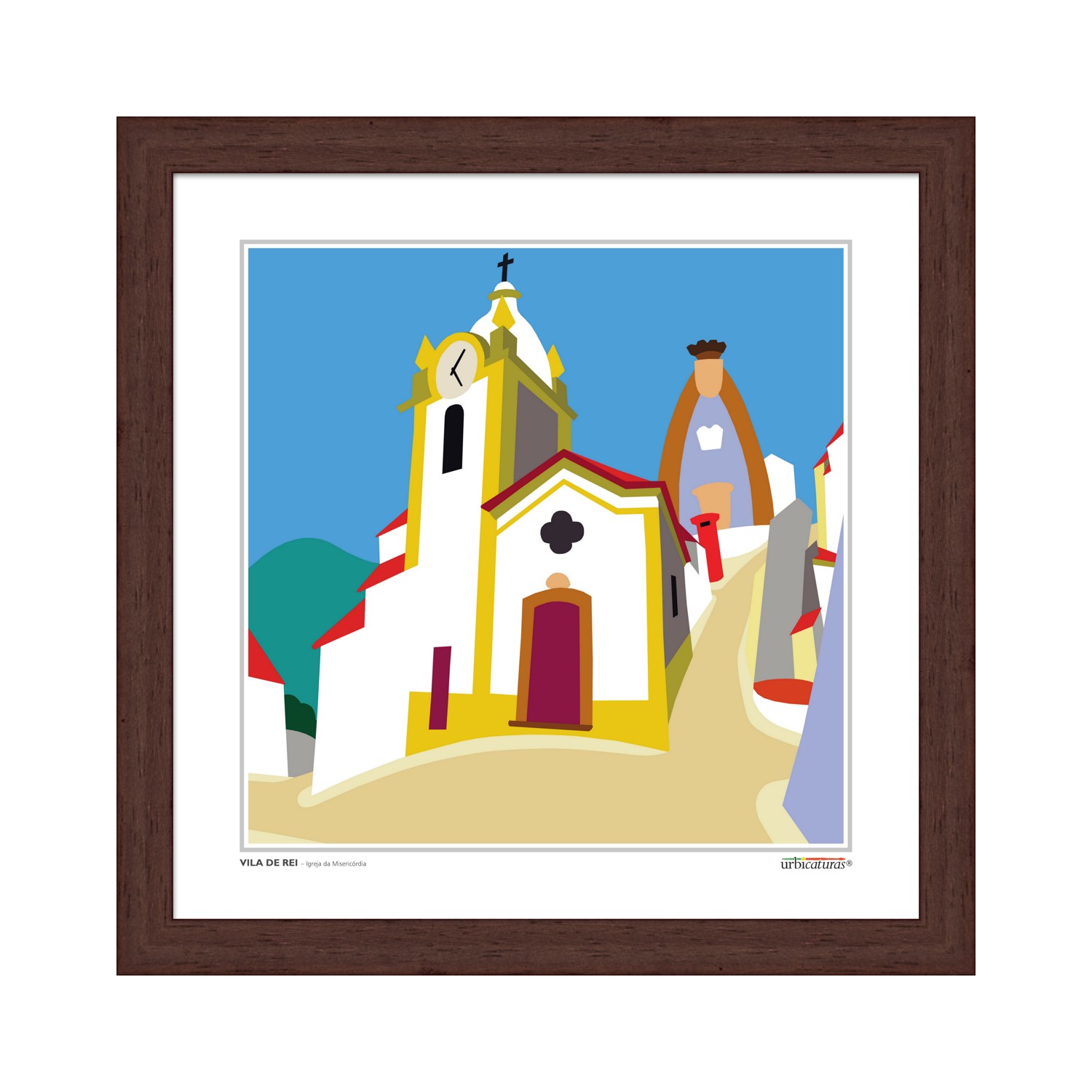 VILA DE REI – Igreja da Misericórdia Quadro com imagem colorida de igreja em estilo gráfico e moldura castanha