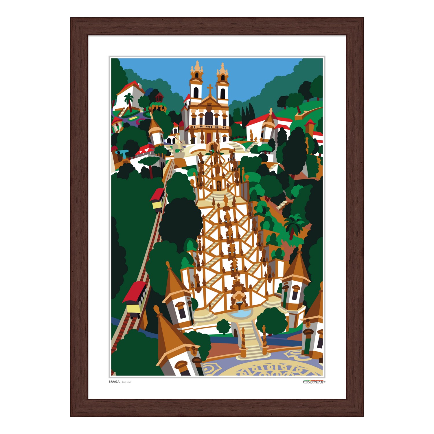 BRAGA – Bom Jesus Ilustração colorida de uma escadaria monumental com igreja ao fundo em quadro com moldura de madeira