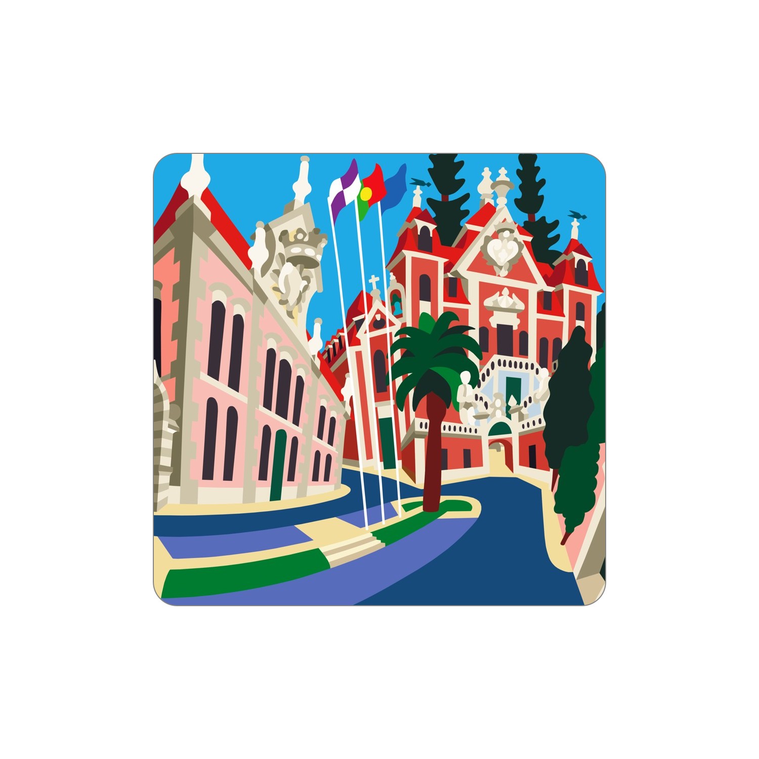 OEIRAS Ímanes – Palácio Ilustração de edifícios clássicos com bandeiras e palmeira