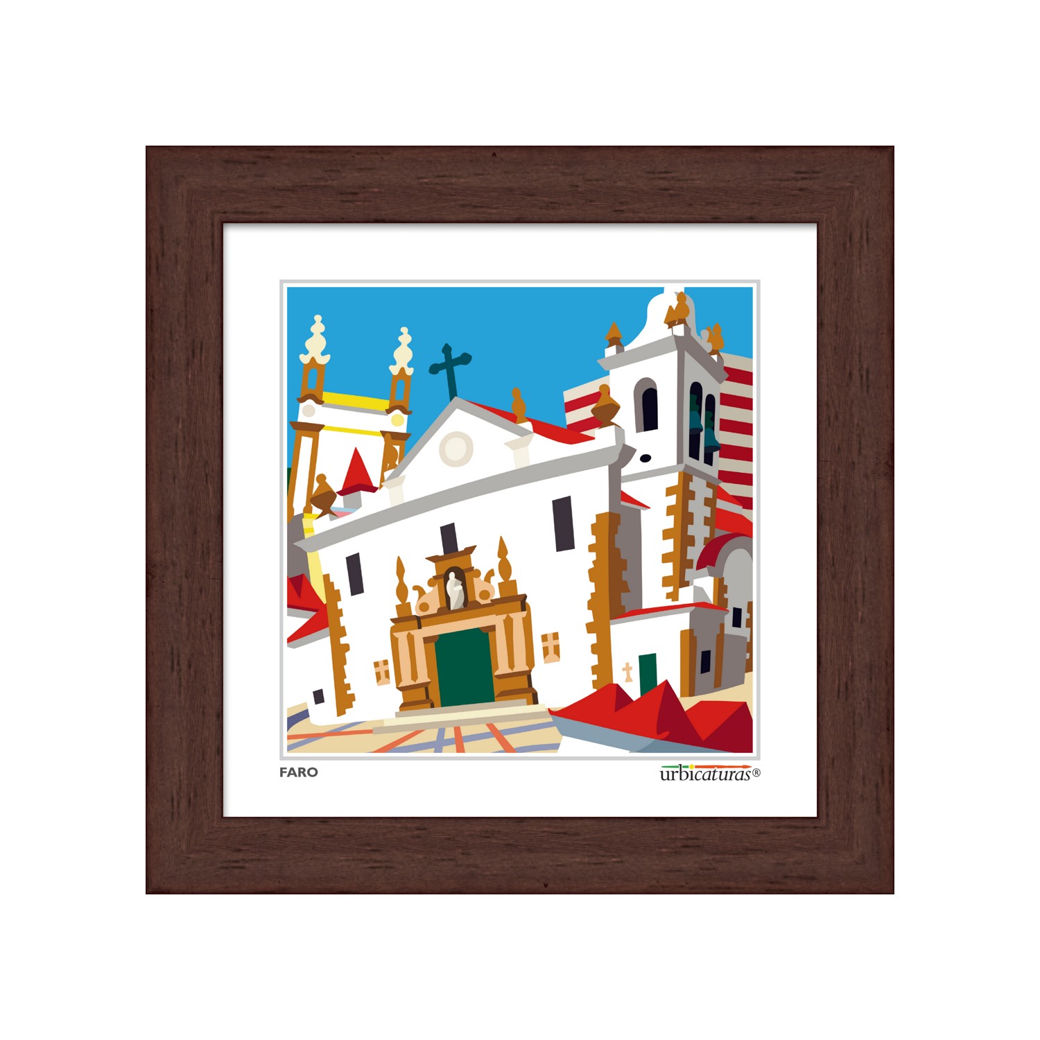 FARO Minis – São Pedro Quadro ilustrando uma igreja branca com detalhes castanhos e portas verdes, moldura castanha