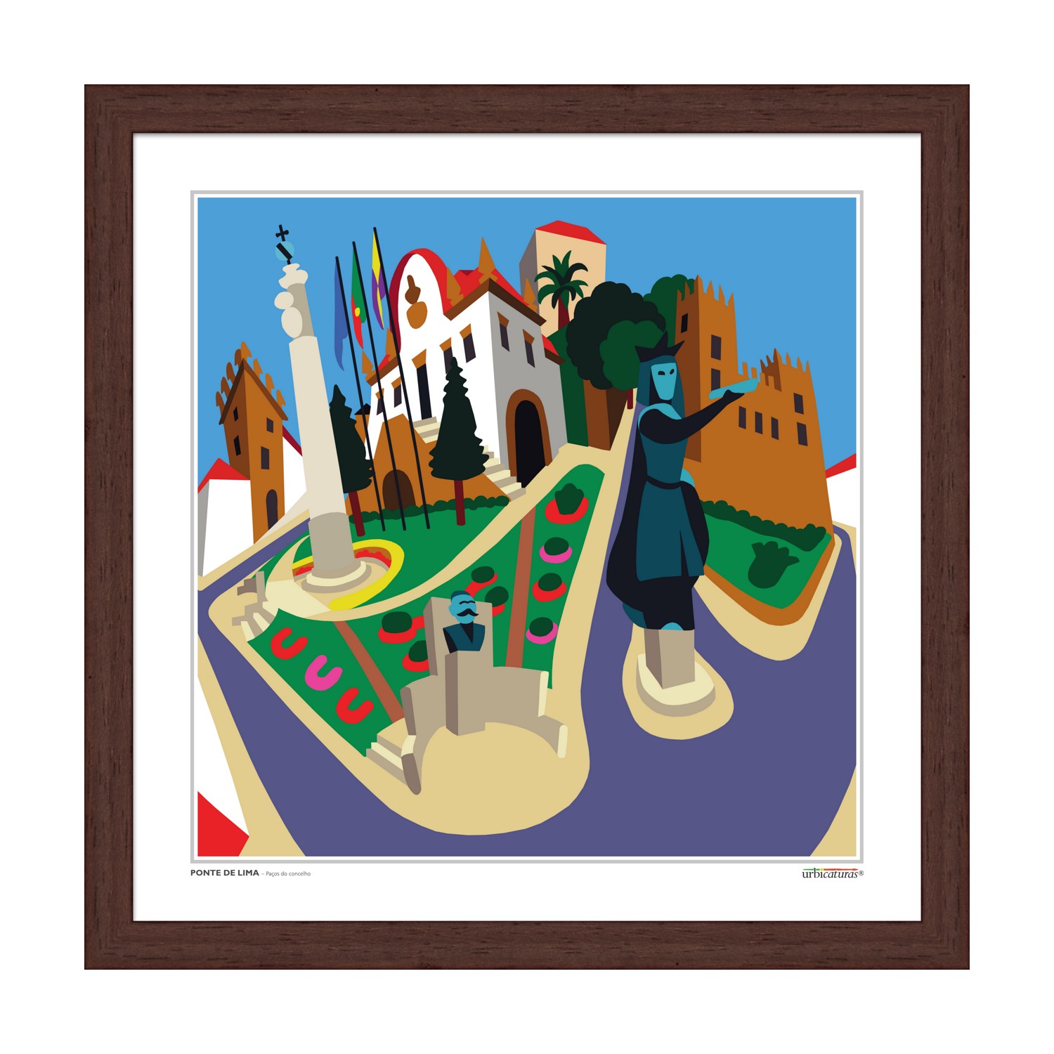 PONTE DE LIMA – Paços do concelho Ilustração colorida de praça com estátuas e edifícios em moldura de madeira castanha