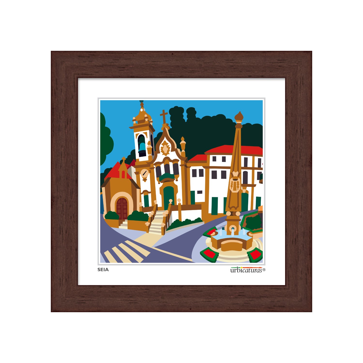 SEIA Minis – Quatro Bicas Quadro moldura castanha com ilustração colorida de igreja e obelisco