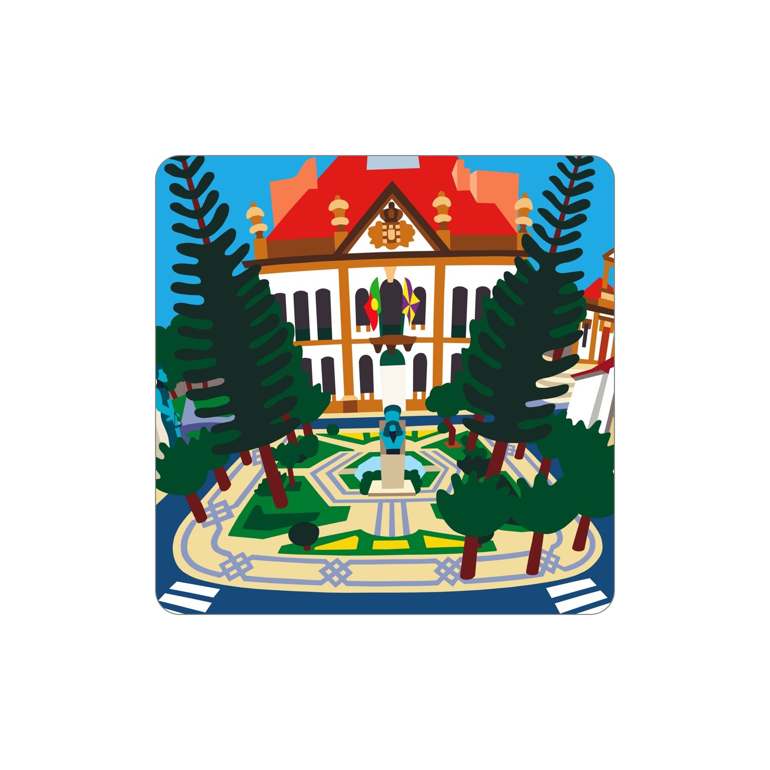 ALBERGARIA-A-VELHA Ímanes – Câmara Edifício branco com teto vermelho, jardim e árvores verdes em ilustração colorida