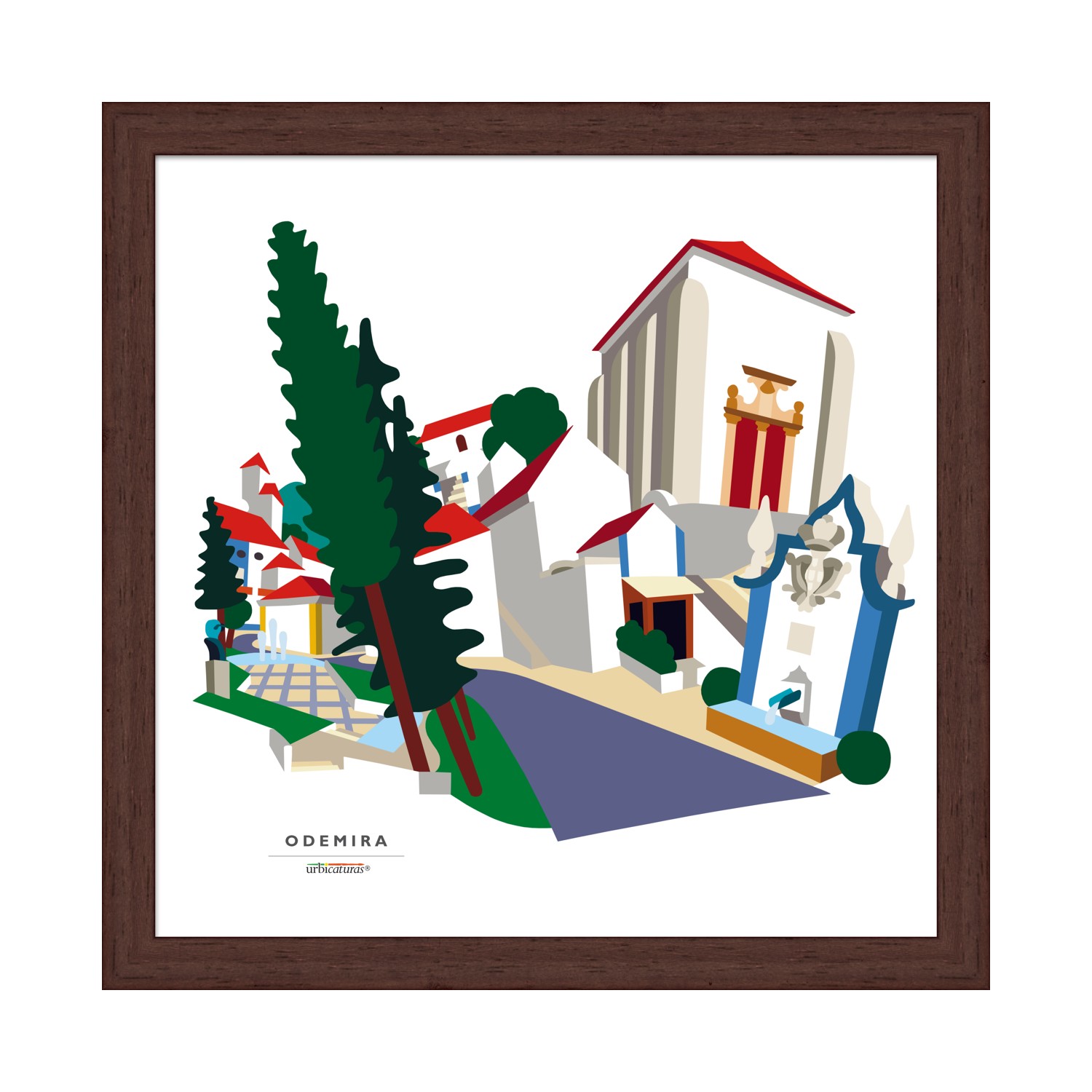 ODEMIRA Recortes – Misericórdia Ilustração gráfica de edifícios e árvores em quadro de moldura castanha