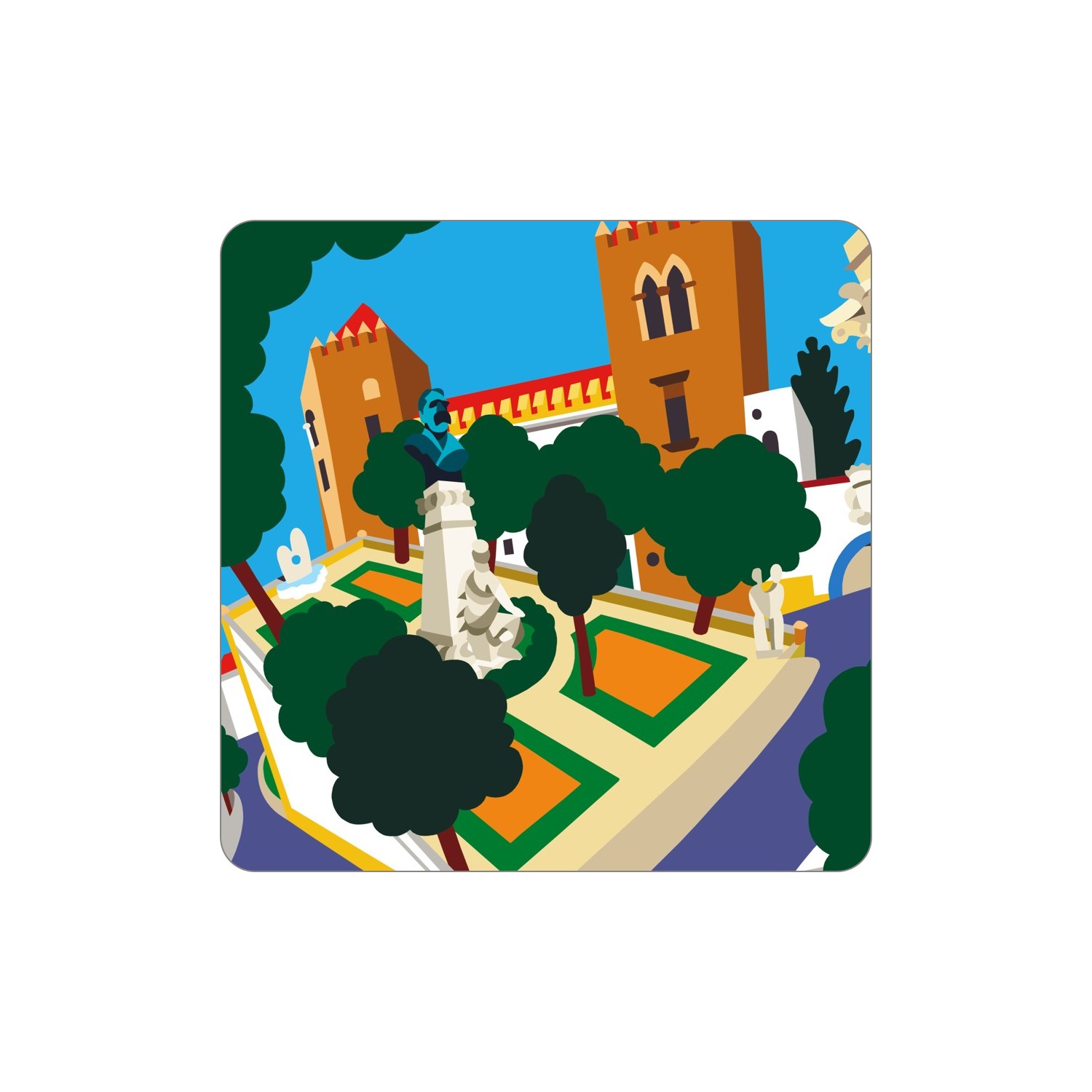 ÉVORA Ímanes – Jardim de Diana Ilustração de jardim com estátuas, árvores e torres ao fundo