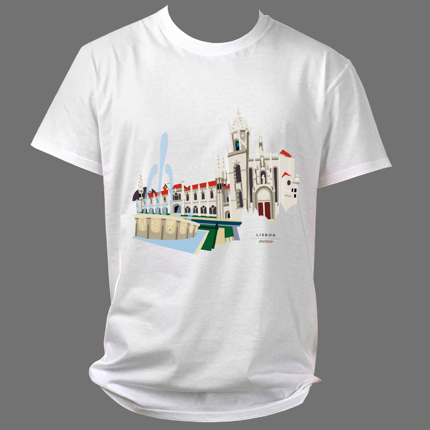 LISBOA T-Shirts – Jerónimos T-shirt branca com estampa de edifício histórico de Lisboa e fonte