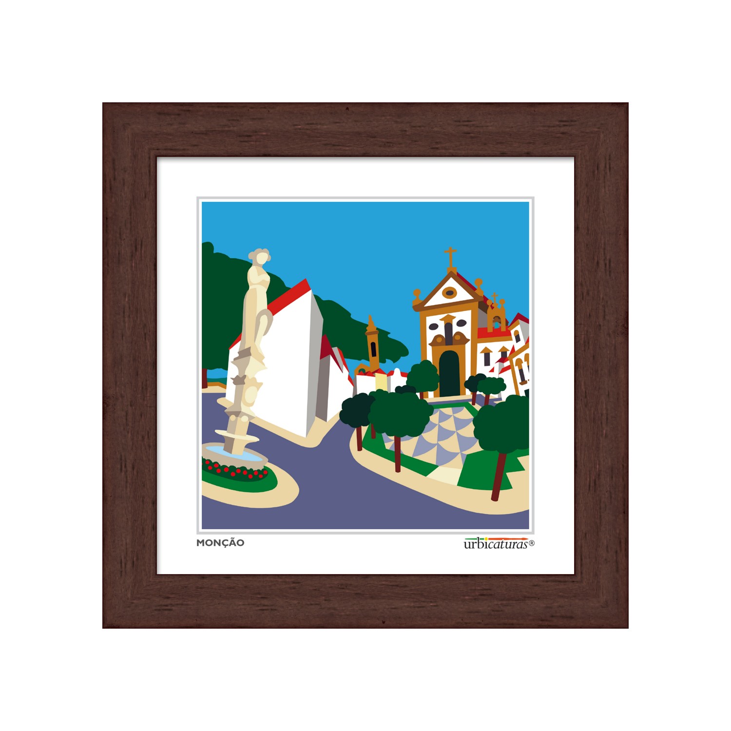 MONÇÃO Minis – Deu-la-Deu Quadro decorativo com imagem de praça urbana colorida e moldura em madeira escura