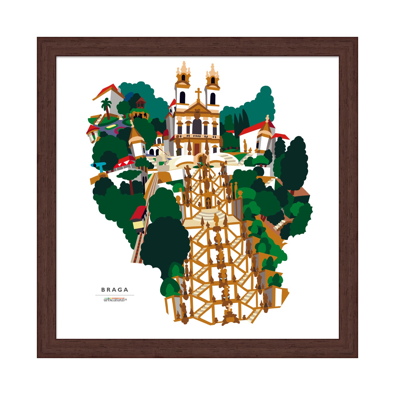 BRAGA Recortes – Bom Jesus Ilustração de igreja em Braga com moldura castanha