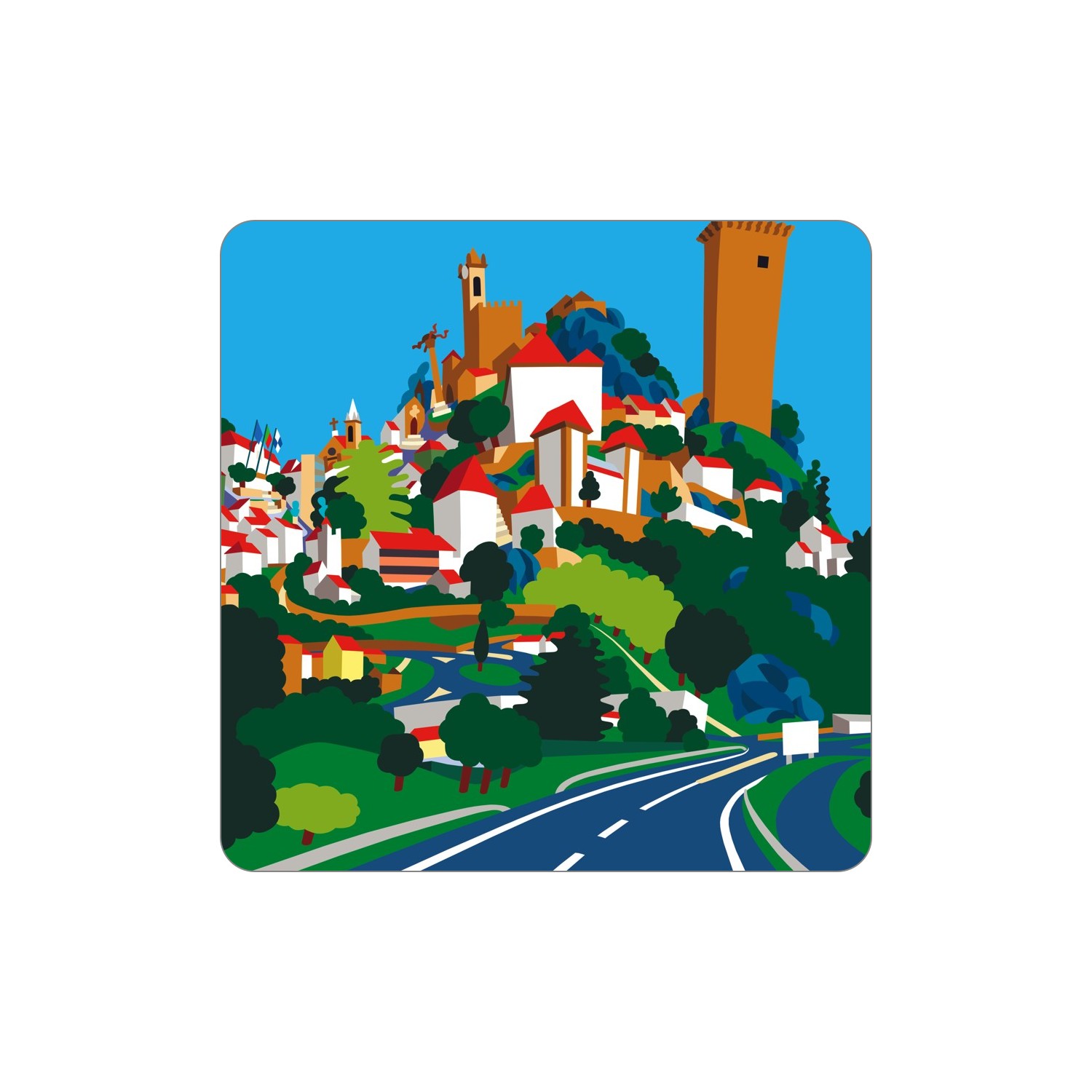 PENAMACOR Ímanes – Geral Desenho colorido de vila medieval com casas, torres e estrada