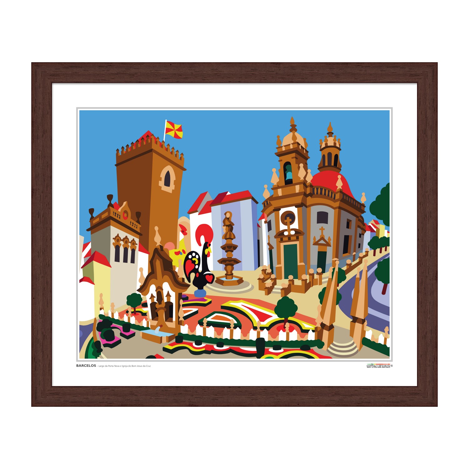 BARCELOS – Largo da Porta Nova e Igreja do Bom Jesus da Cruz Quadro colorido de arquitetura tradicional com torre, cúpulas vermelhas e escultura de galinha