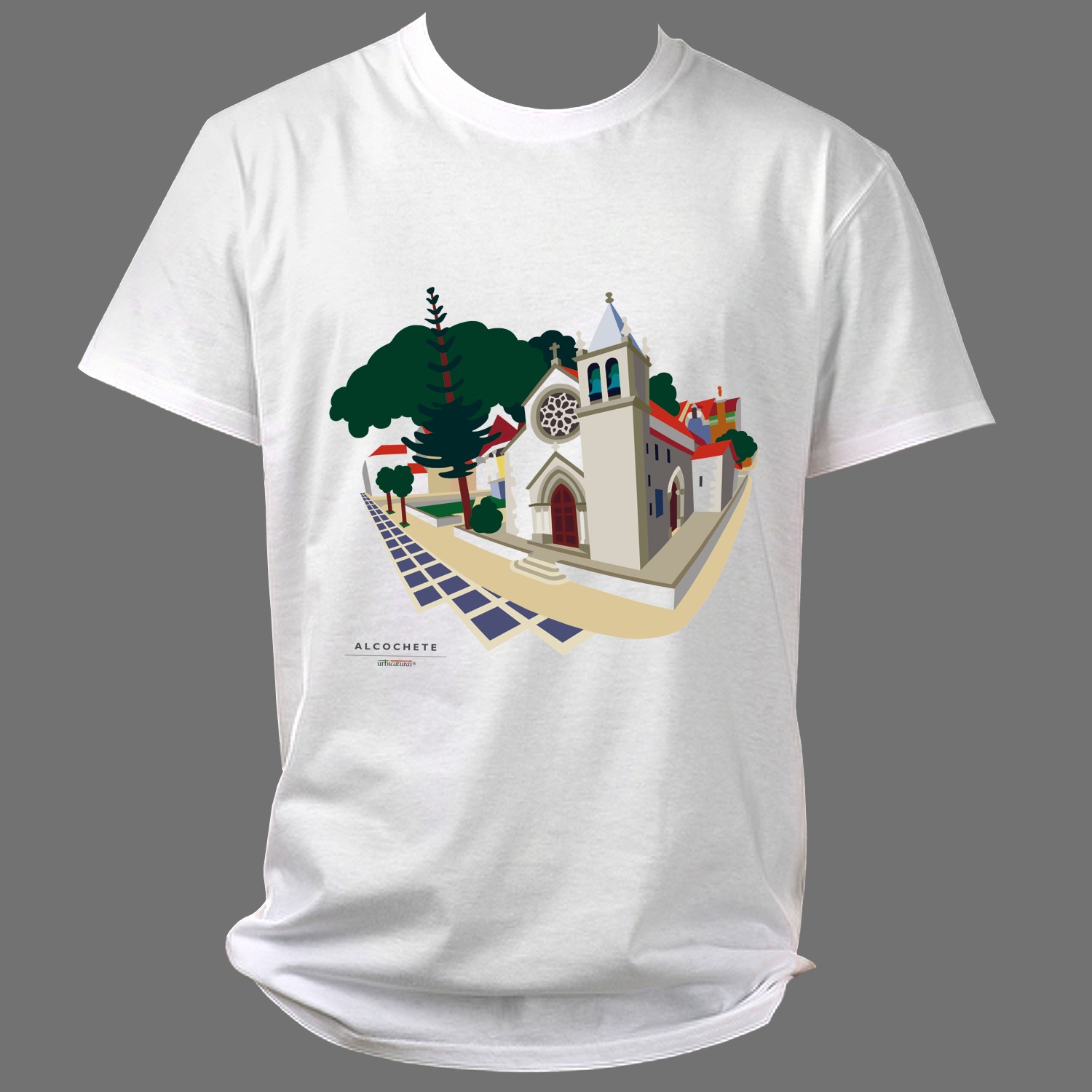 ALCOCHETE T-Shirts – São João Batista T-shirt branca com imagem de igreja e árvores de Alcochete