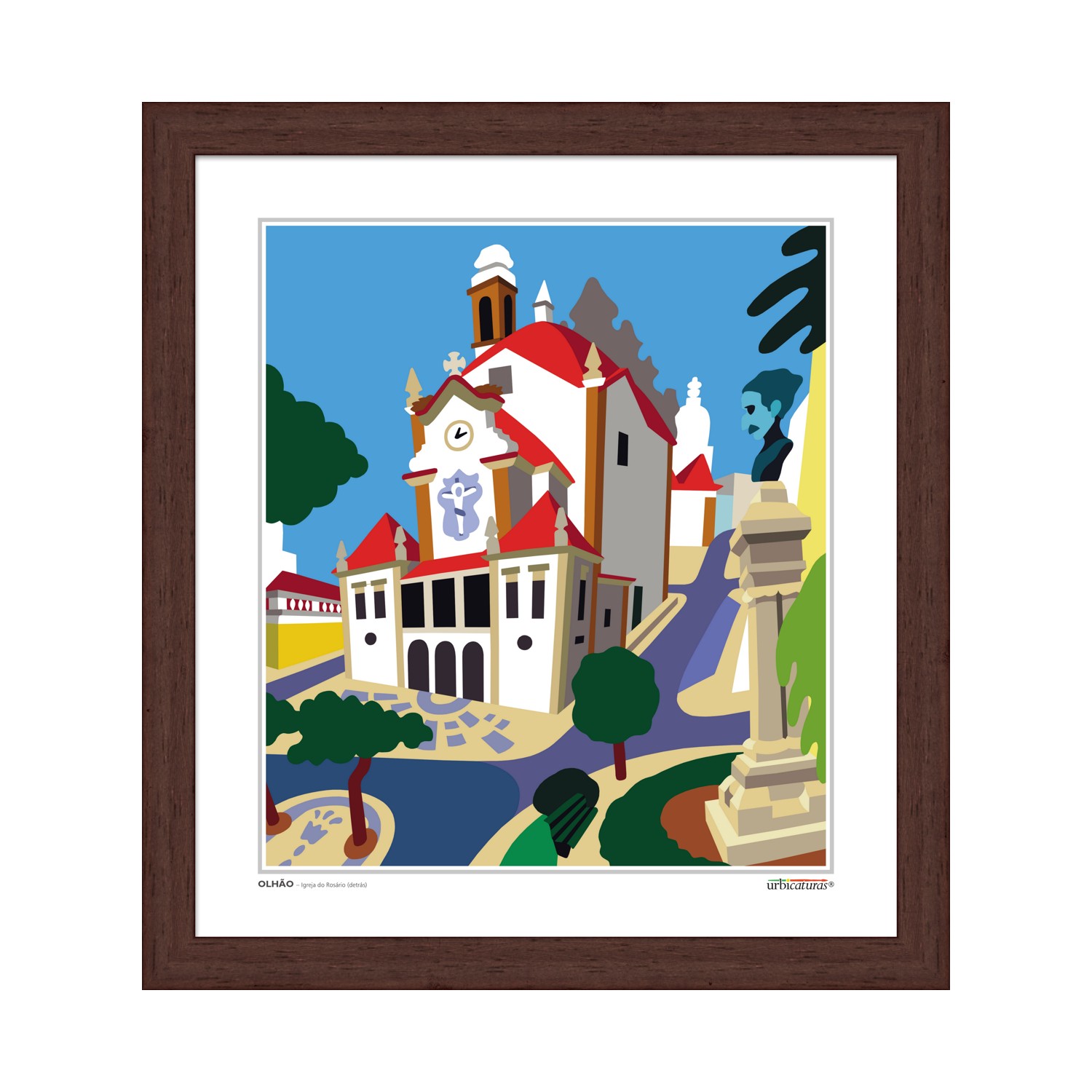 OLHÃO – Igreja do Rosário (detrás) Ilustração digital colorida de edifício histórico com telhado vermelho e estátua