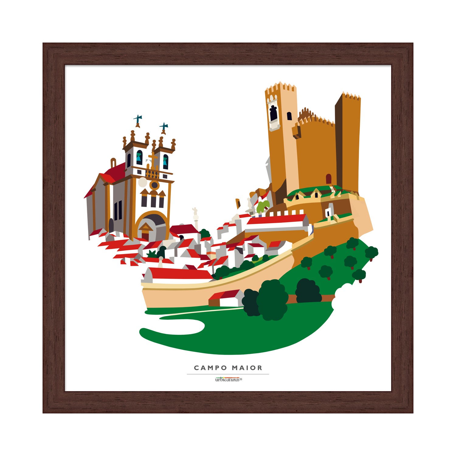 CAMPO MAIOR Recortes – Geral Ilustração do Campo Maior com castelo e igreja em moldura marrom