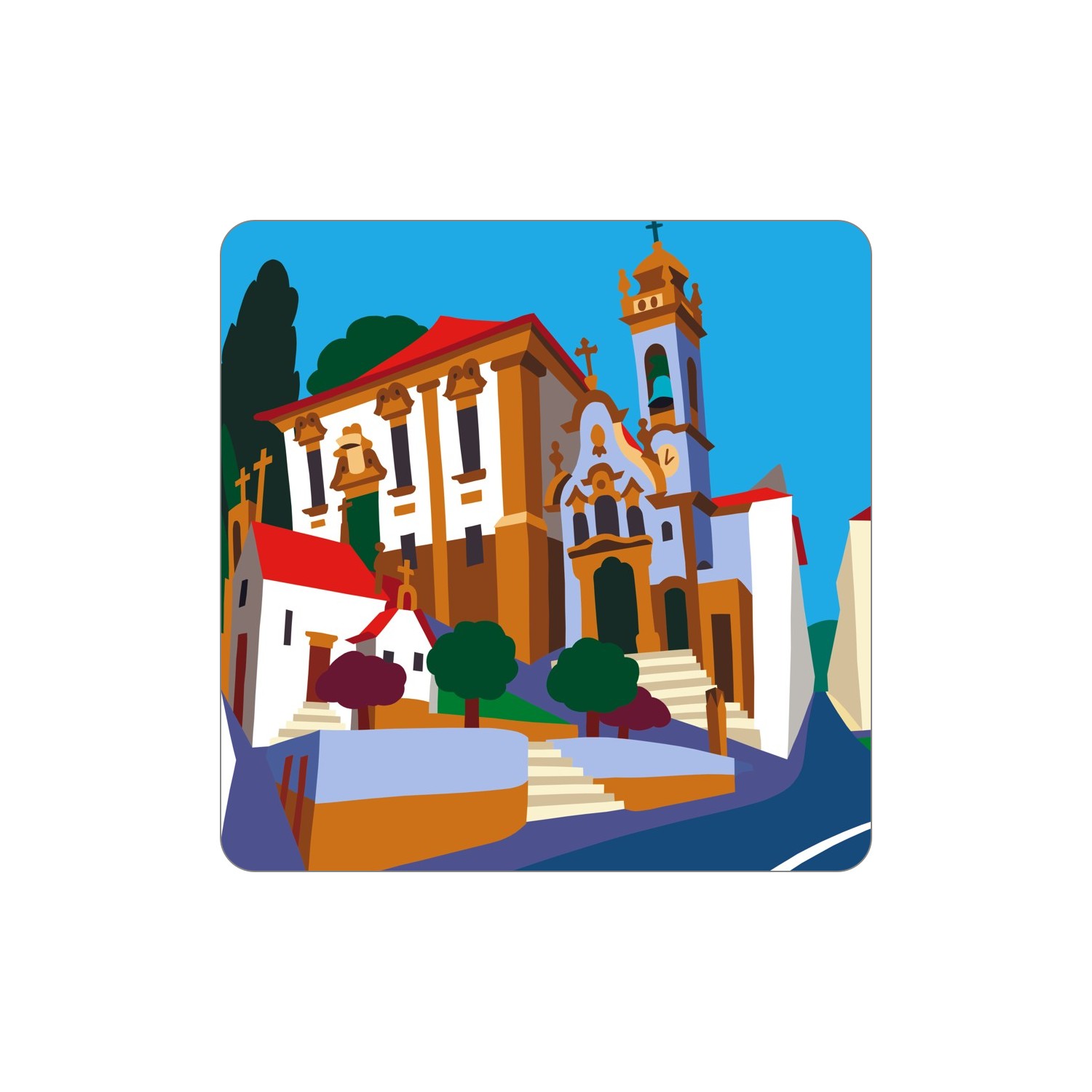 SÃO PEDRO DO SUL Ímanes – Reriz Ilustração colorida de igreja com fachada branca, detalhes castanhos e telhado vermelho