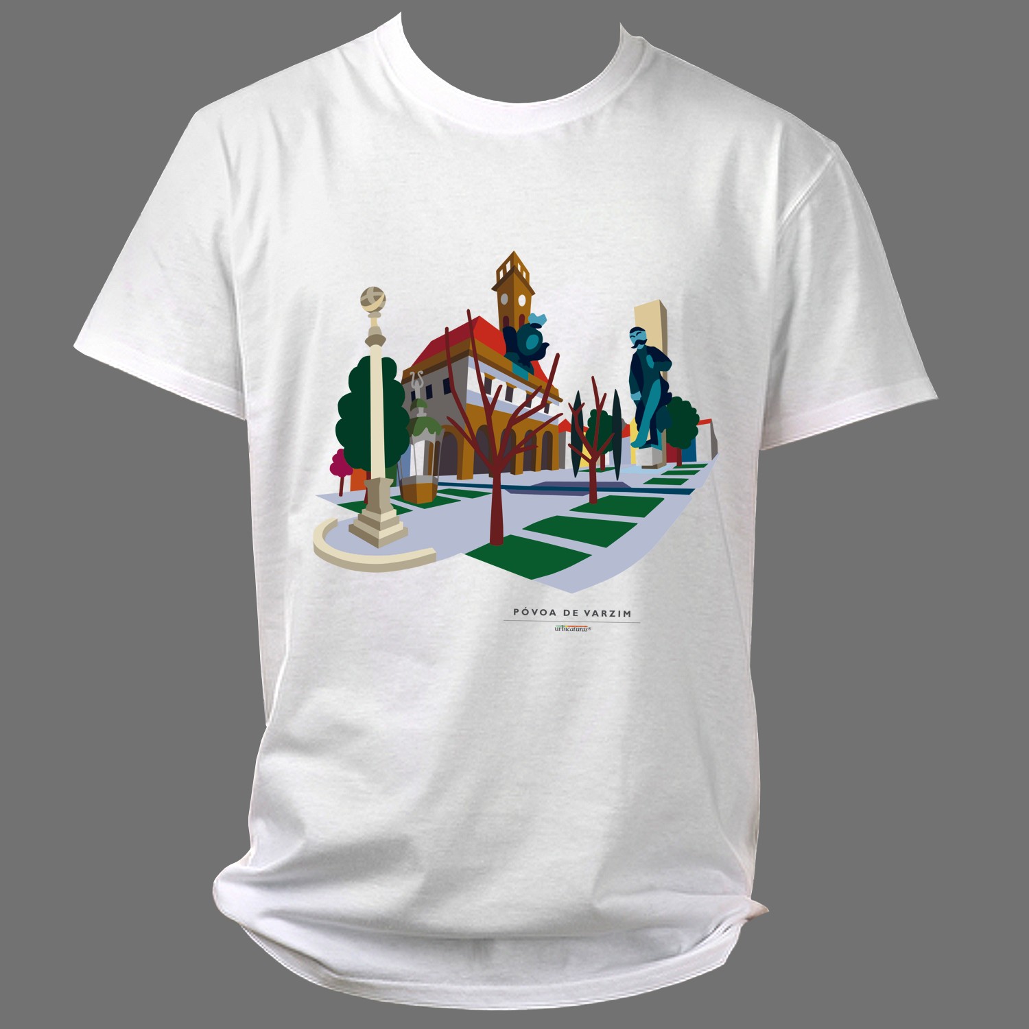 PÓVOA DE VARZIM T-Shirts – Almada T-shirt branca com desenho colorido de uma paisagem urbana e texto PÓVOA DE VARZIM