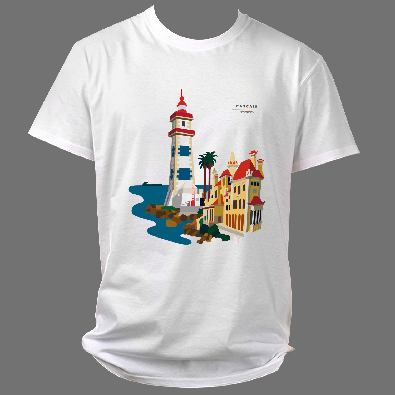 CASCAIS T-Shirts – Farol T-shirt branca com estampa de farol, palmeiras e edifícios coloridos