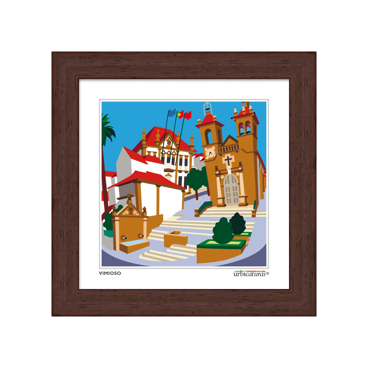 VIMIOSO Minis – Matriz Ilustração colorida de edifícios antigos com escadarias e bandeiras dentro de moldura castanha