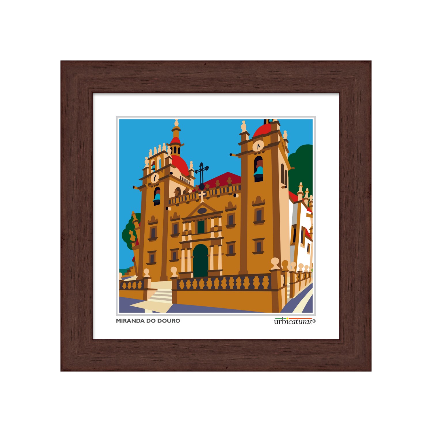 MIRANDA DO DOURO Minis – Concatedral Ilustração colorida de edifício histórico em moldura de madeira