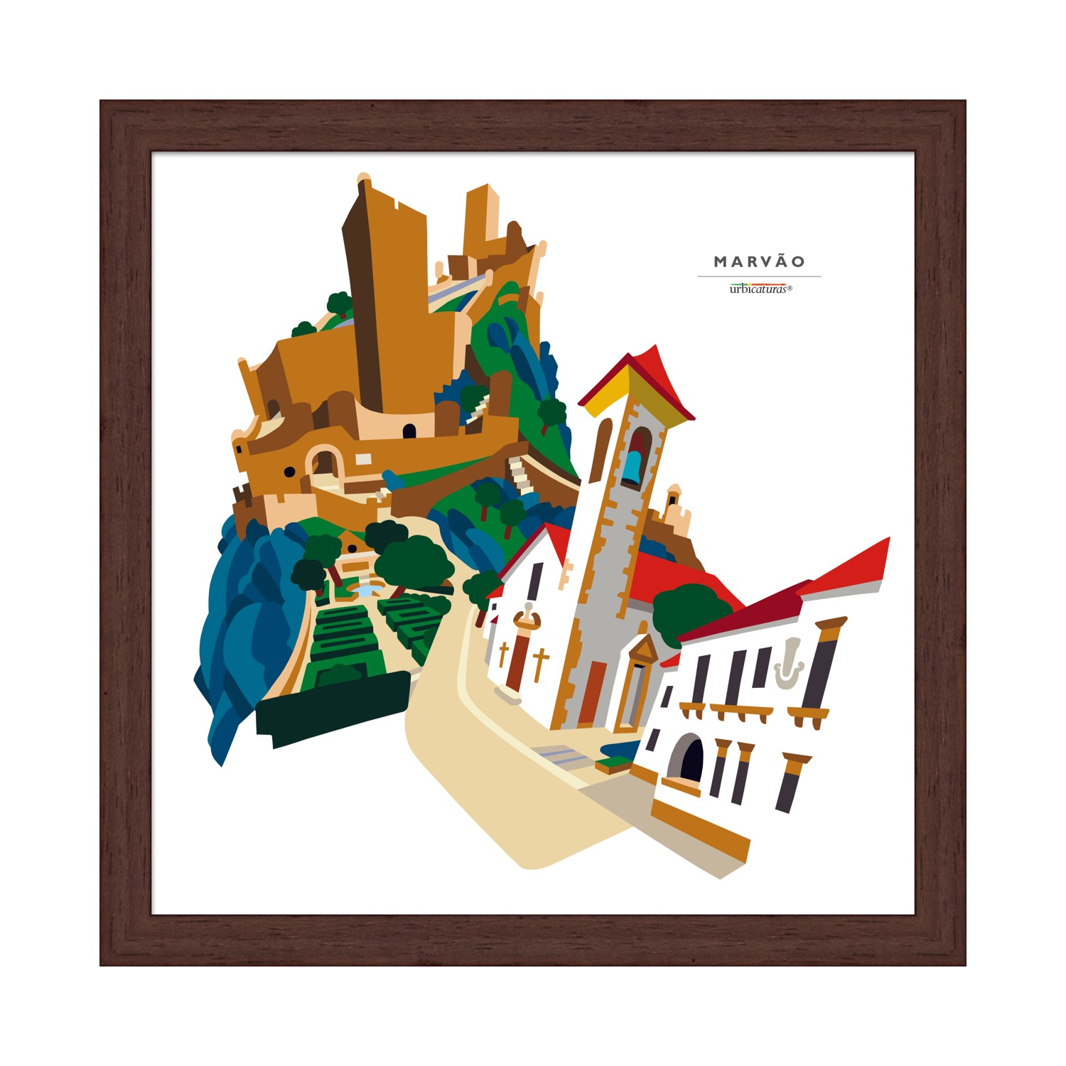 MARVÃO Recortes – Castelo Ilustração colorida de uma vila com castelo num quadro emoldurado