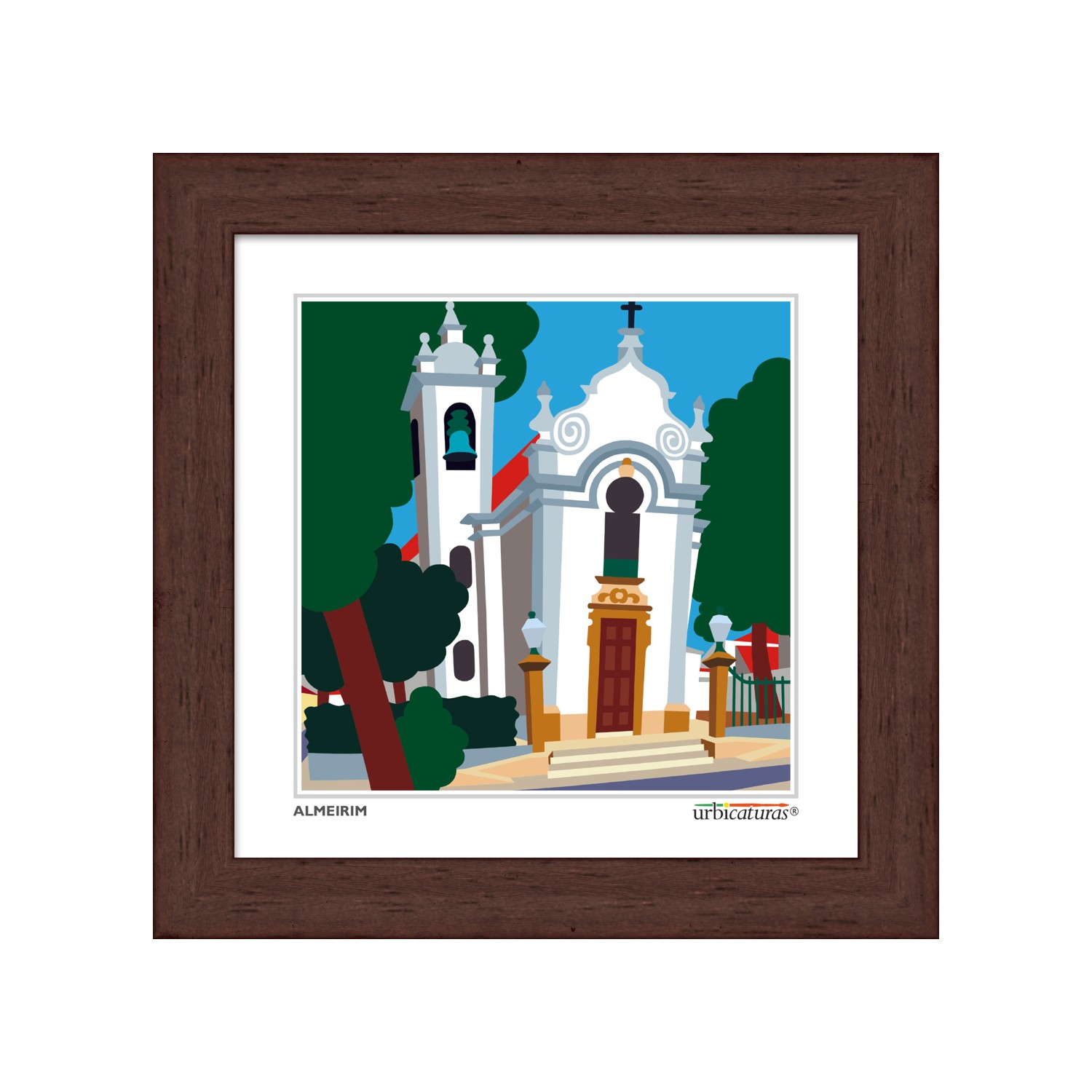 ALMEIRIM Minis – Matriz quadro com imagem estilizada de igreja branca em moldura castanha