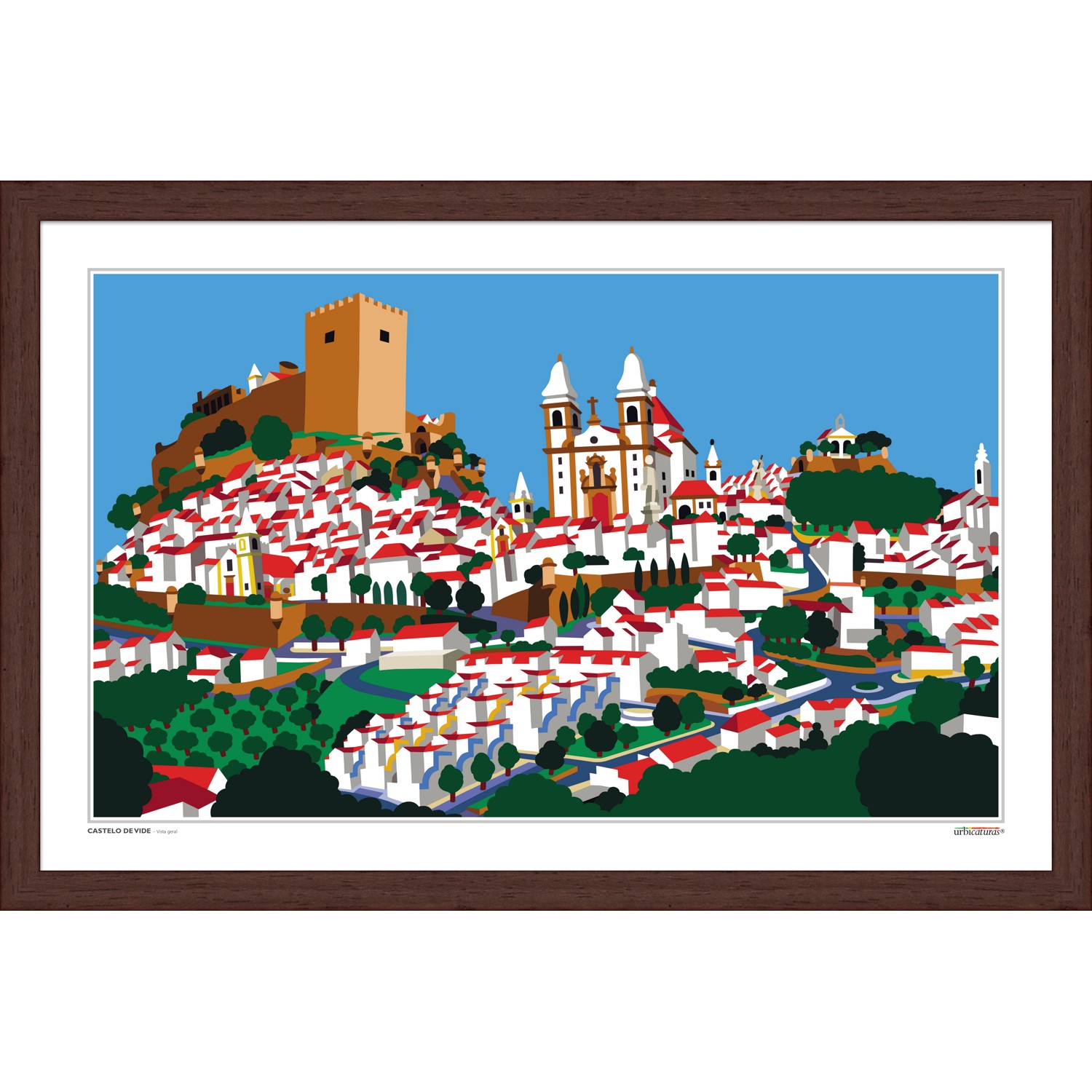 CASTELO DE VIDE – Vista geral Ilustração de cidade com casas brancas, telhados vermelhos e torres brancas em moldura castanha