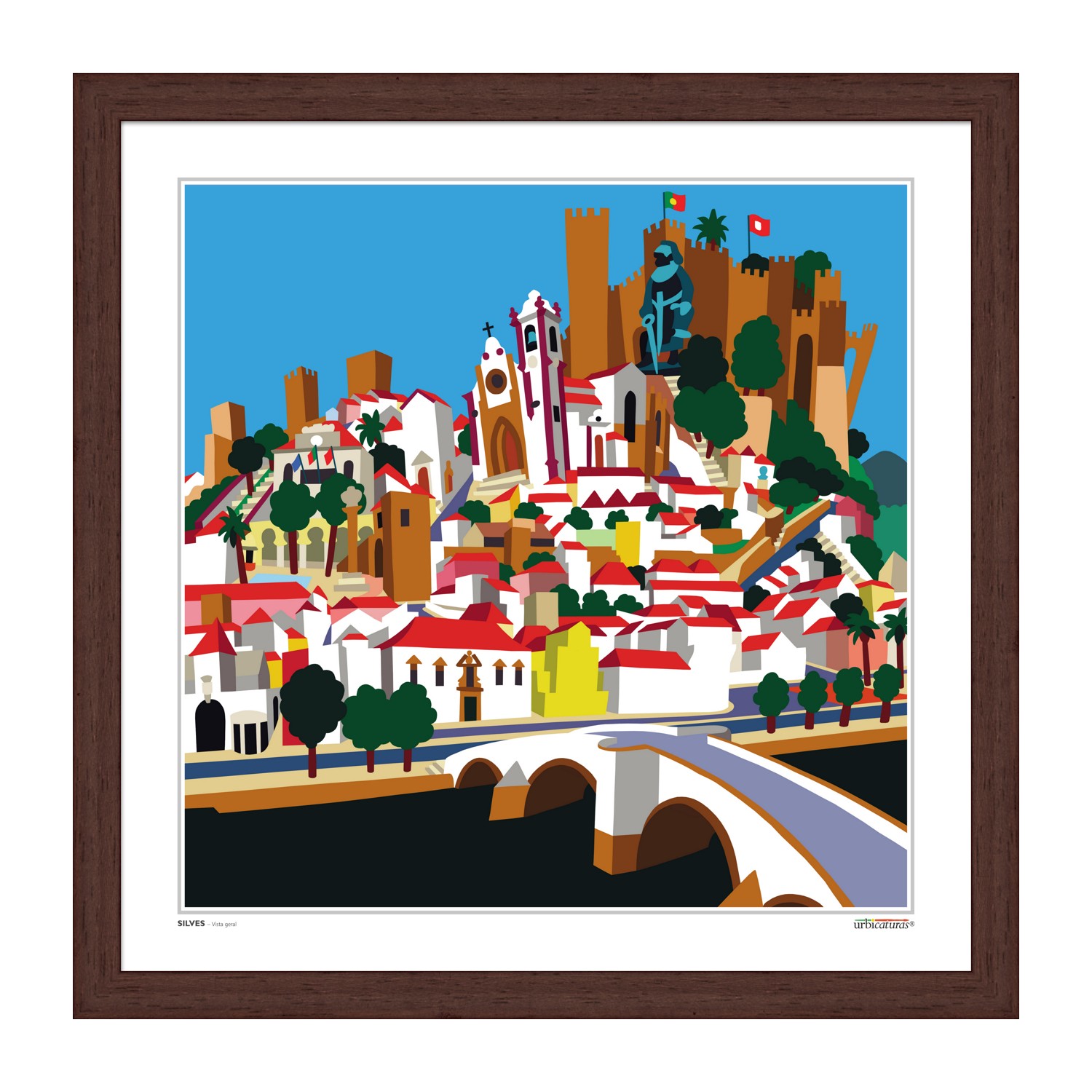 SILVES – Vista geral Serigrafia colorida de paisagem urbana com casas brancas e telhados vermelhos em moldura castanha