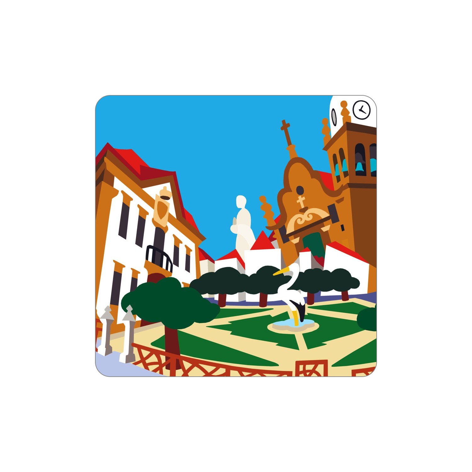 FIGUEIRA DE CASTELO RODRIGO Ímanes – Câmara Ilustração colorida de praça com fonte e edifícios históricos