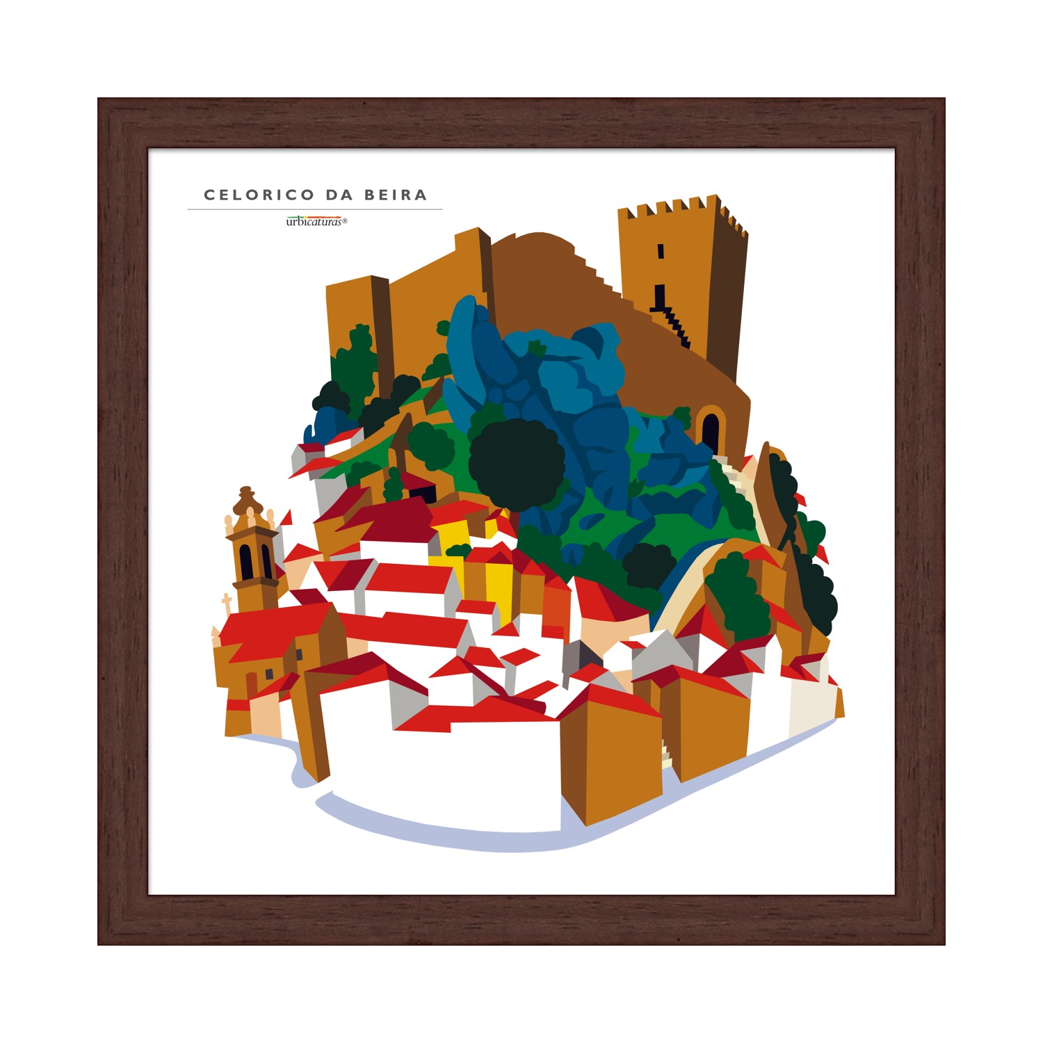 CELORICO DA BEIRA Recortes – Castelo Gravura colorida estilizada de Celorico da Beira em moldura de madeira.