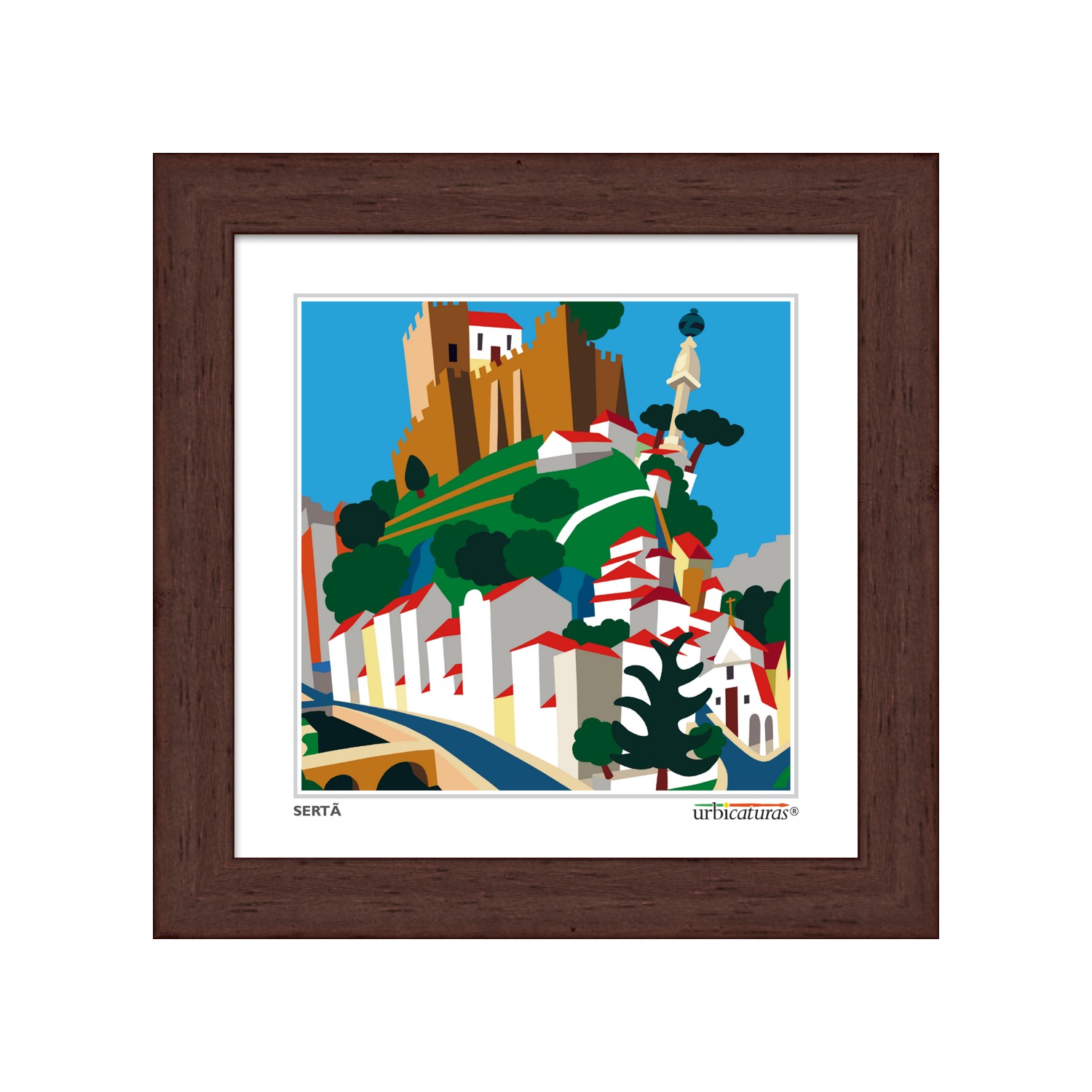 SERTÃ Minis – Geral Obra digital de castelo dourado e casas brancas com moldura castanha escura