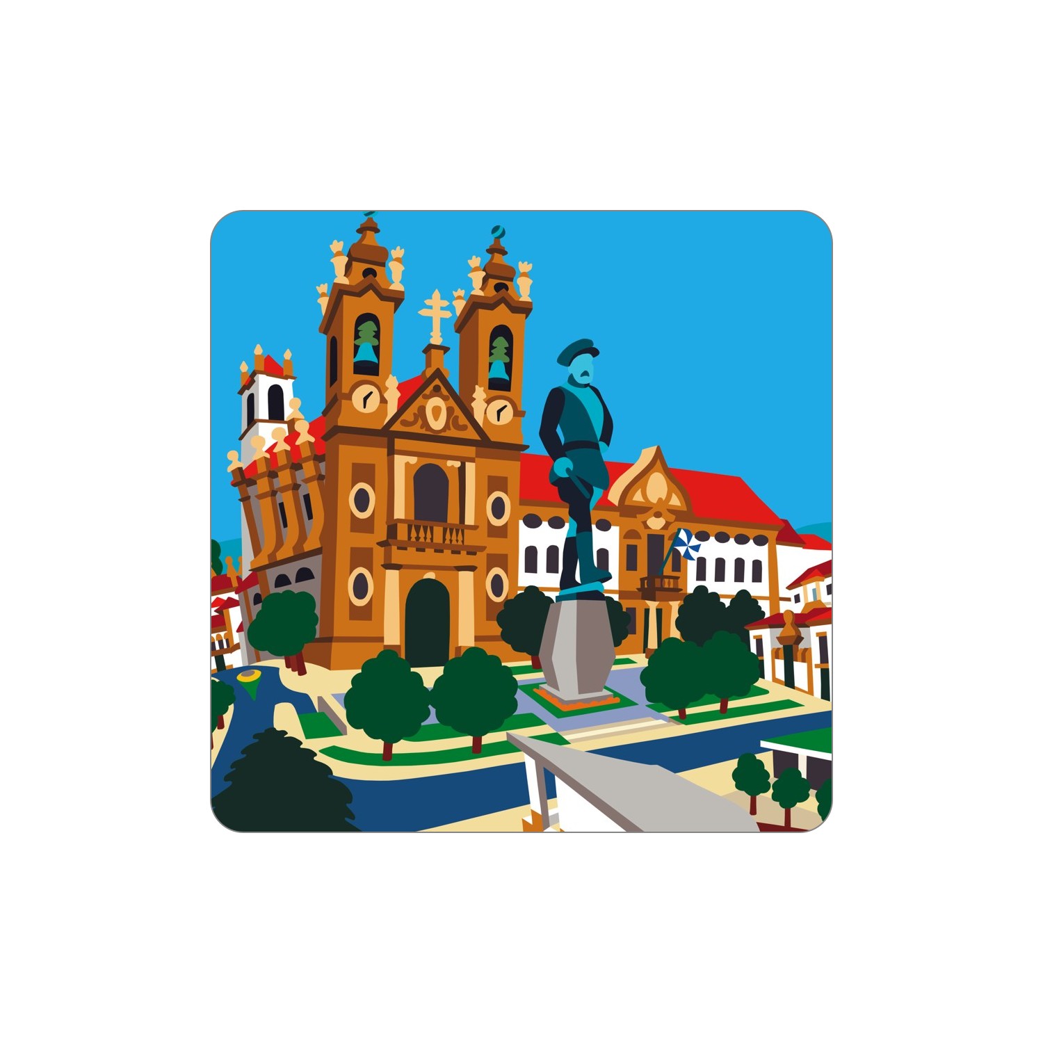 BRAGA Ímanes – Pópulo Ilustração digital de monumento com estátua e edifício histórico num céu azul