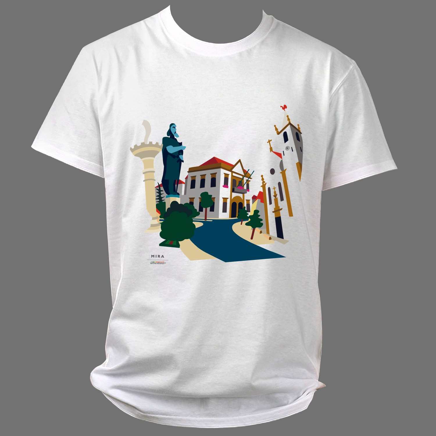 MIRA T-Shirts – São Tomé T-shirt branca com estampa colorida de rua urbana e texto 'MIKA' '@MIKADOSTO'