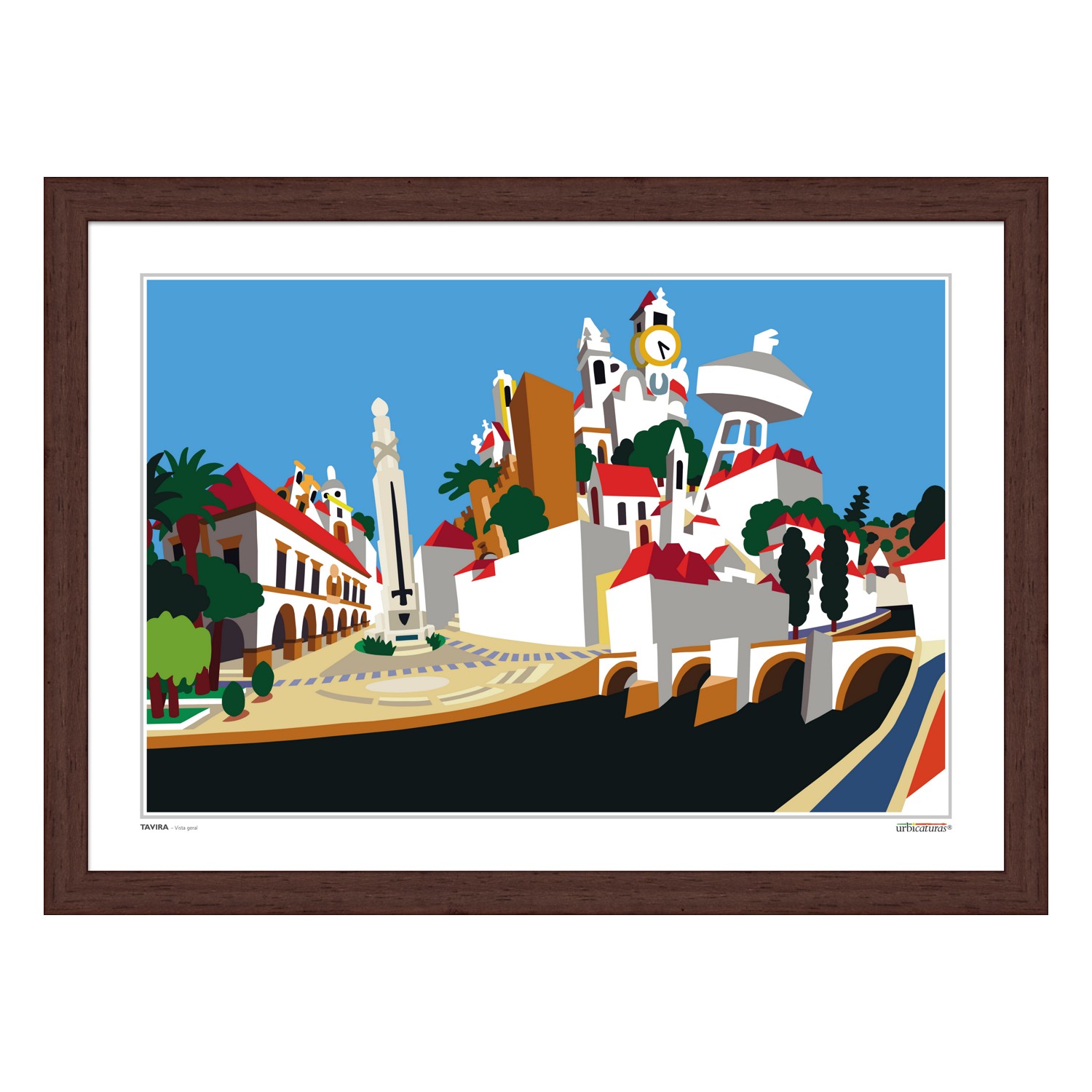 TAVIRA – Vista geral Quadro ilustrativo com paisagem urbana colorida e moldura castanha