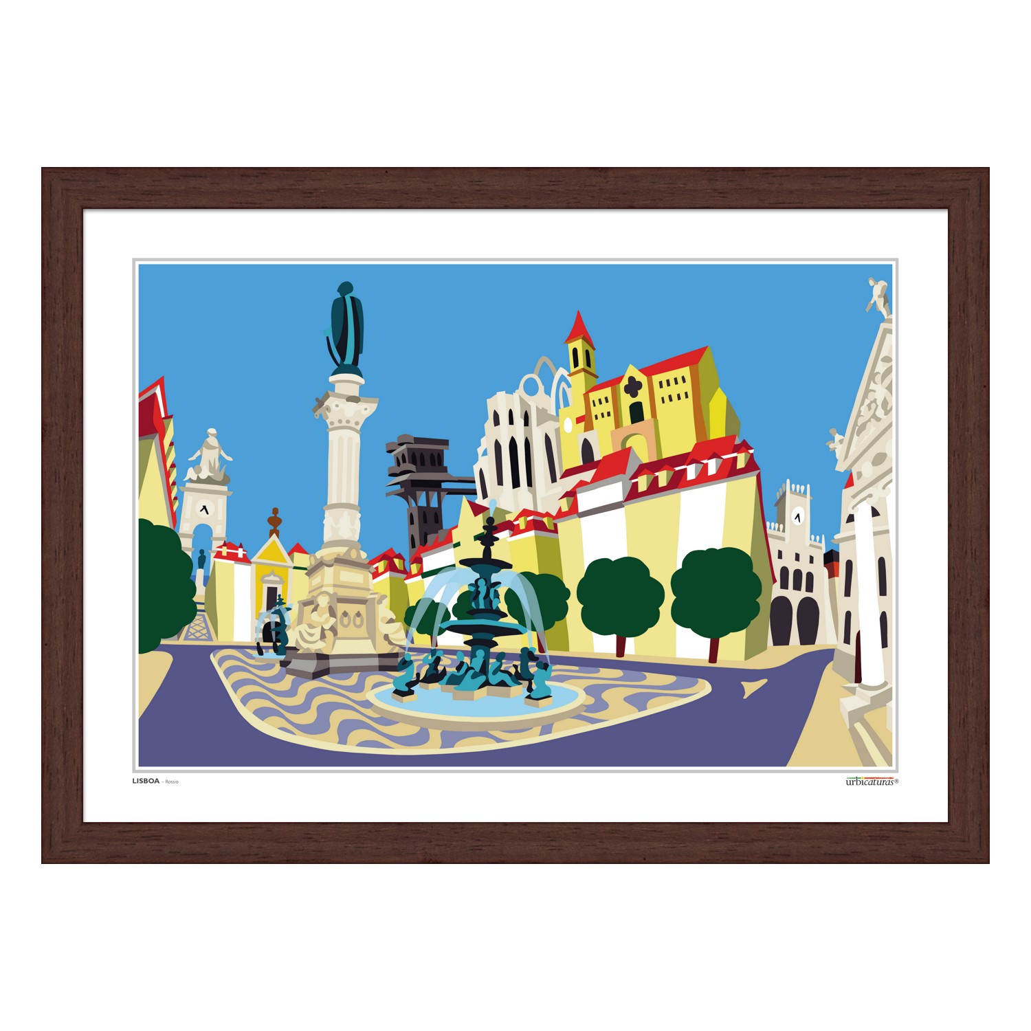 LISBOA – Rossio Ilustração digital de praça com estátua, fonte e edifícios coloridos sob céu azul