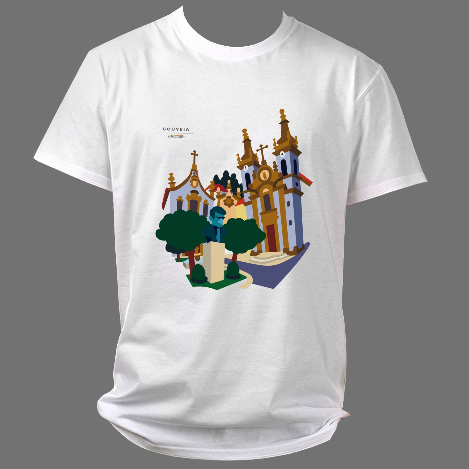 GOUVEIA T-Shirts – São Pedro T-shirt branca com estampa colorida de edifícios históricos e texto GOUVEIA PORTUGAL