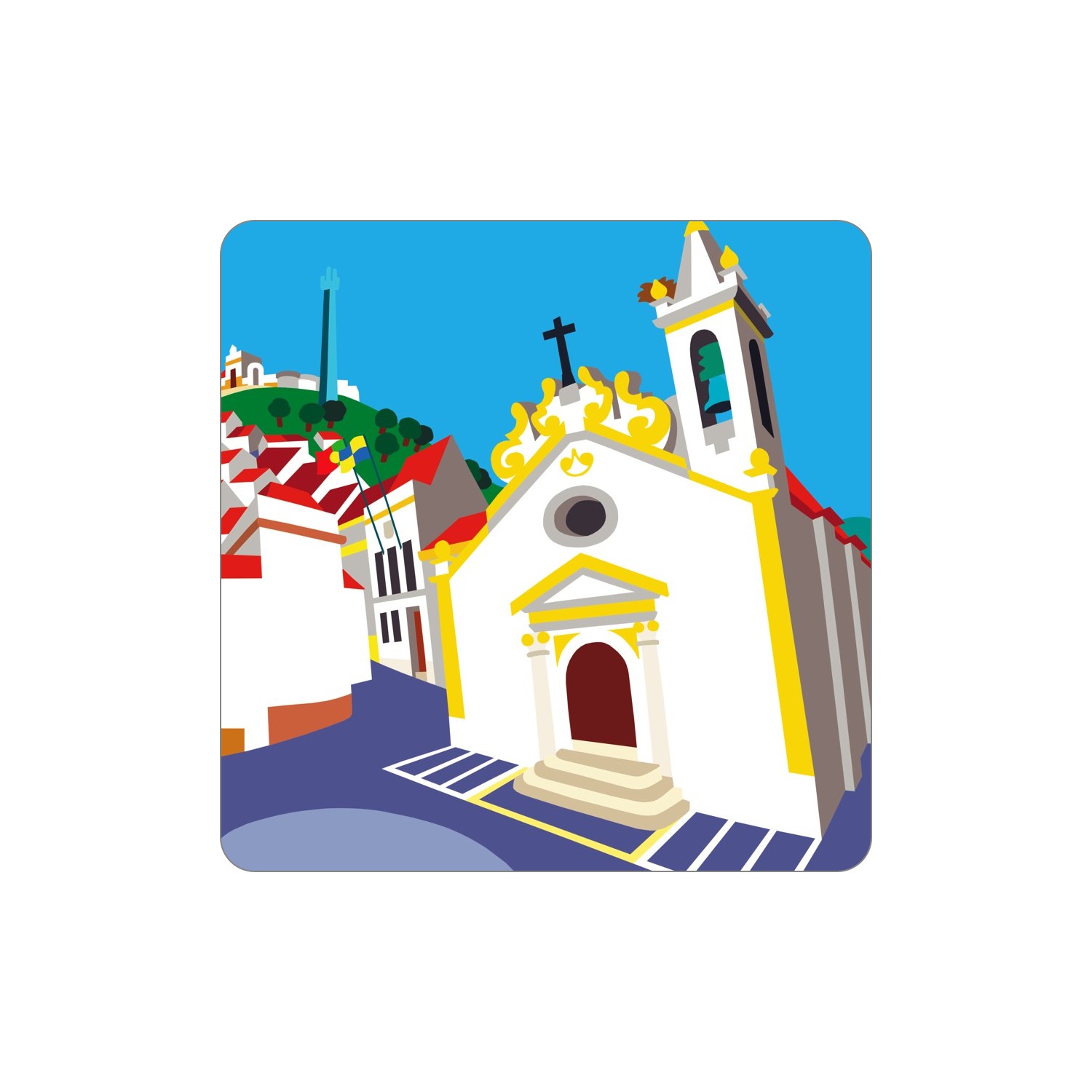 BARRANCOS Ímanes – Igreja Ilustração de uma igreja branca com detalhes amarelos numa rua com casas brancas e telhados vermelhos