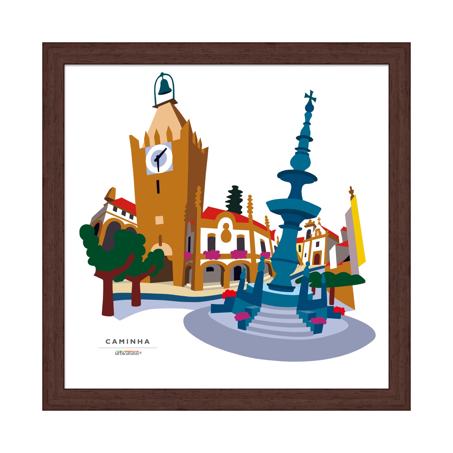 CAMINHA Recortes – Chafariz Quadro ilustrado de praça com torre de relógio e fonte azul
