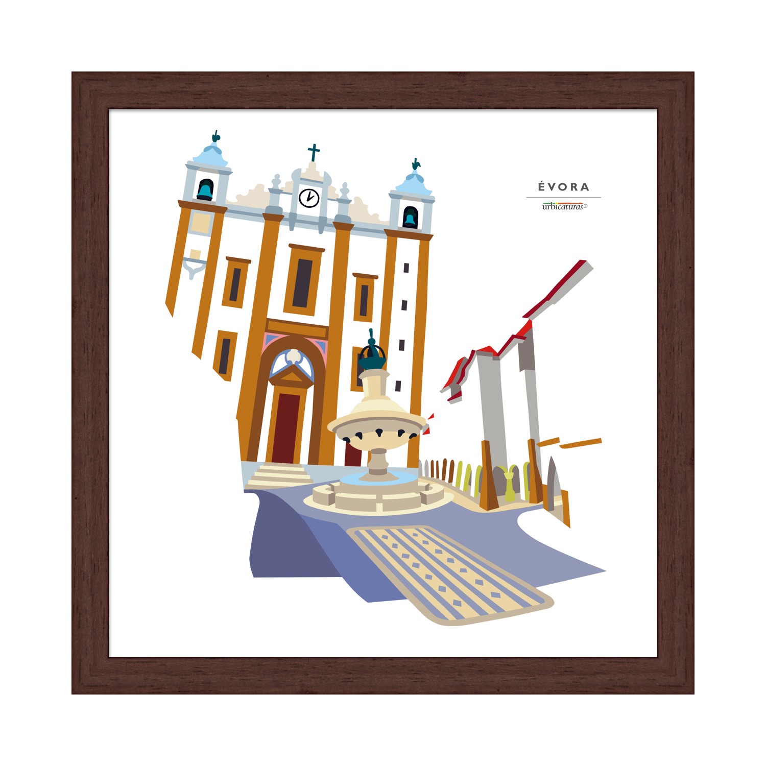 ÉVORA Recortes – Giraldo Ilustração de edifício histórico em Évora com fonte e rua pavimentada