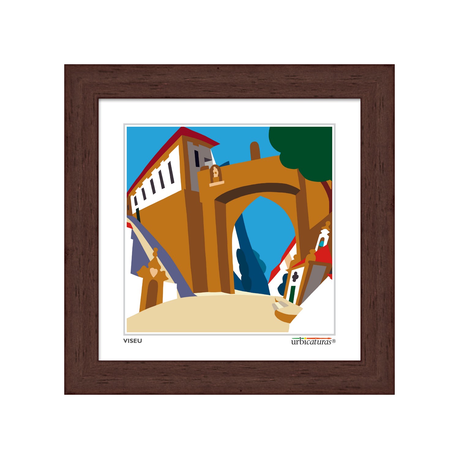 VISEU Minis – Soar Quadro ilustrativo com arquitetura de arco e edifícios, moldura castanha