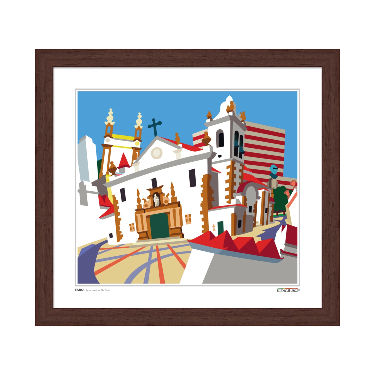 FARO – Igreja matriz de São Pedro Quadro emoldurado com ilustração estilizada de igreja e edifícios coloridos