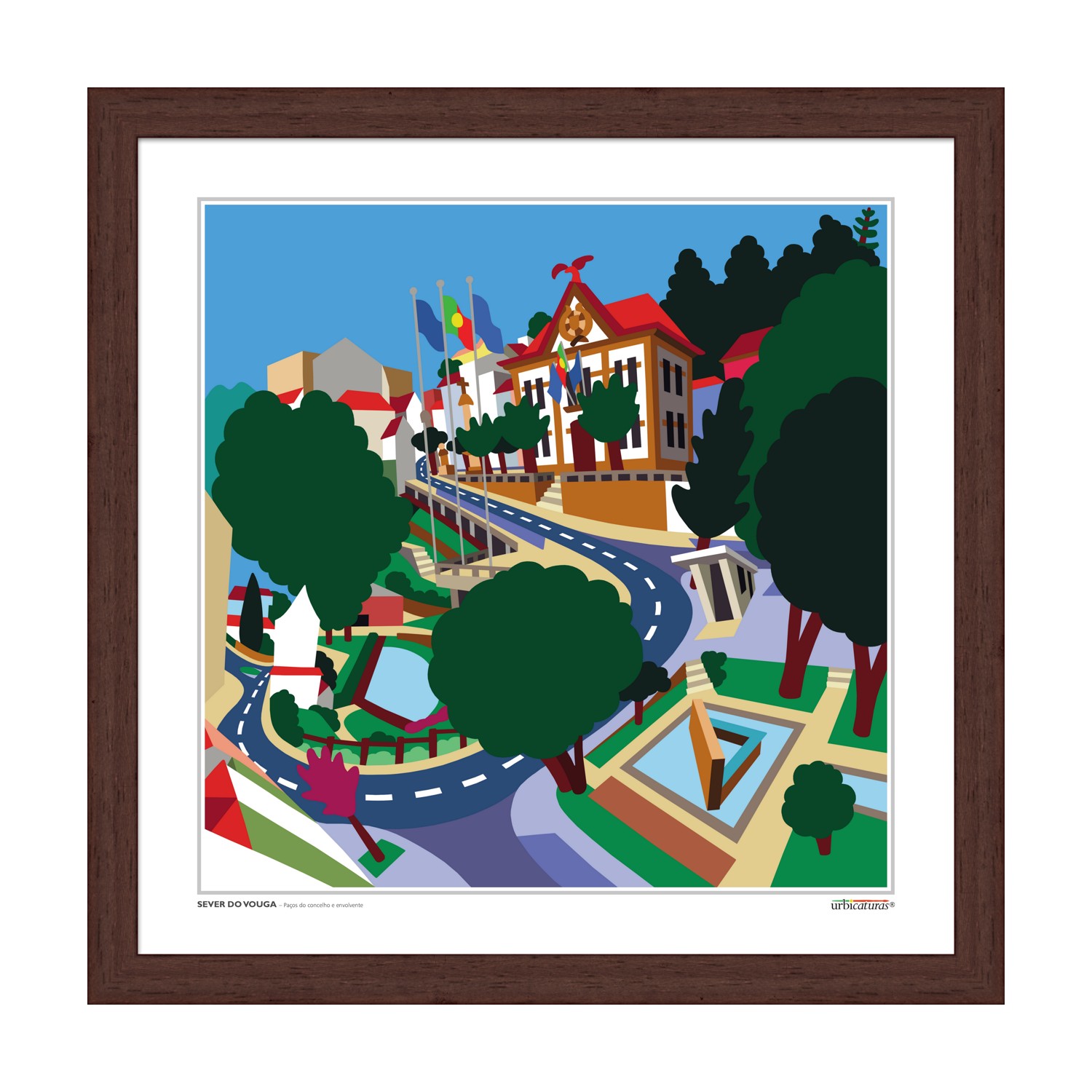 SEVER DO VOUGA – Paços do concelho e envolvente Imagem digital colorida de paisagem urbana com árvores e edifícios em moldura castanha.