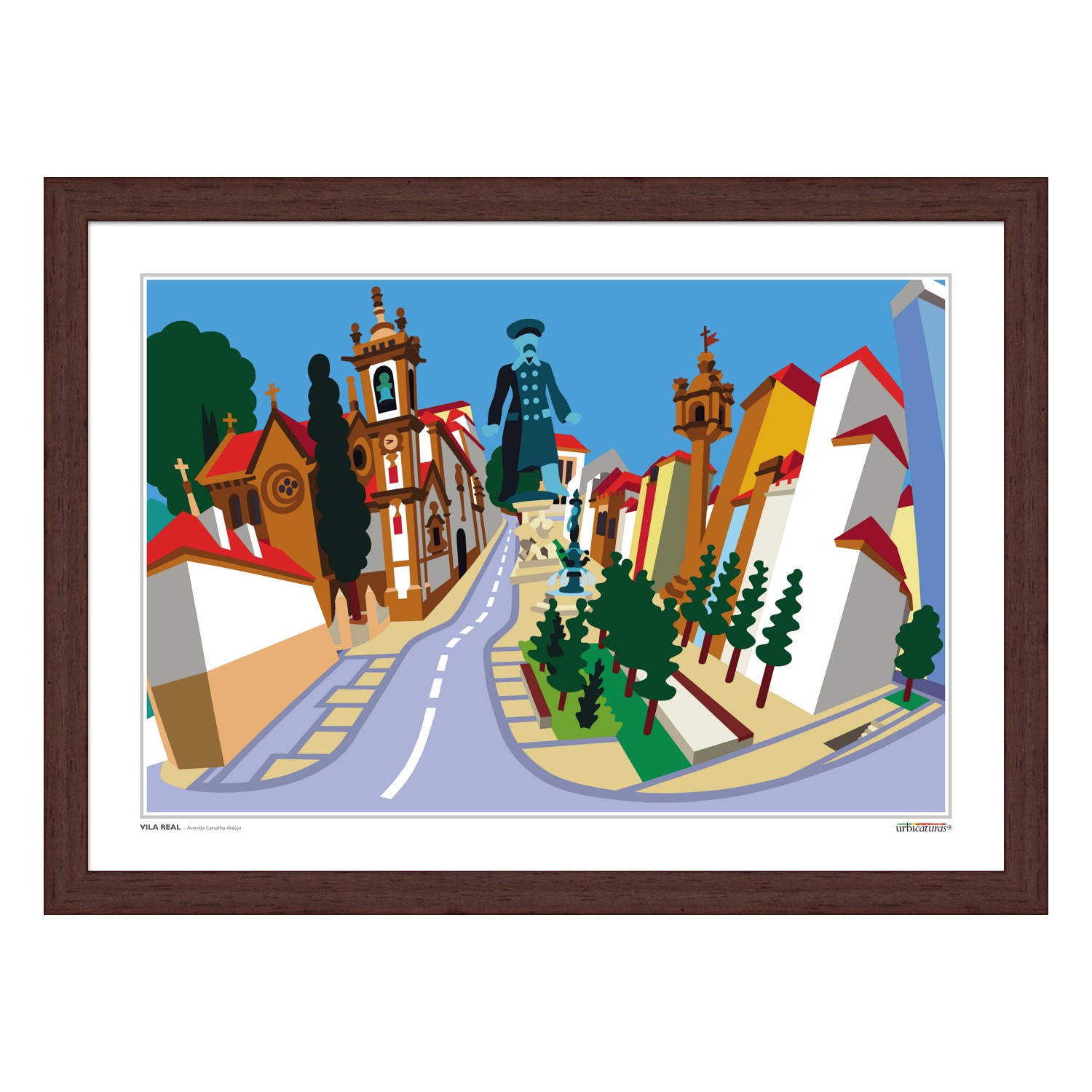 VILA REAL – Avenida Carvalho Araújo Ilustração colorida de rua histórica com estátua e edifícios, em moldura castanha.