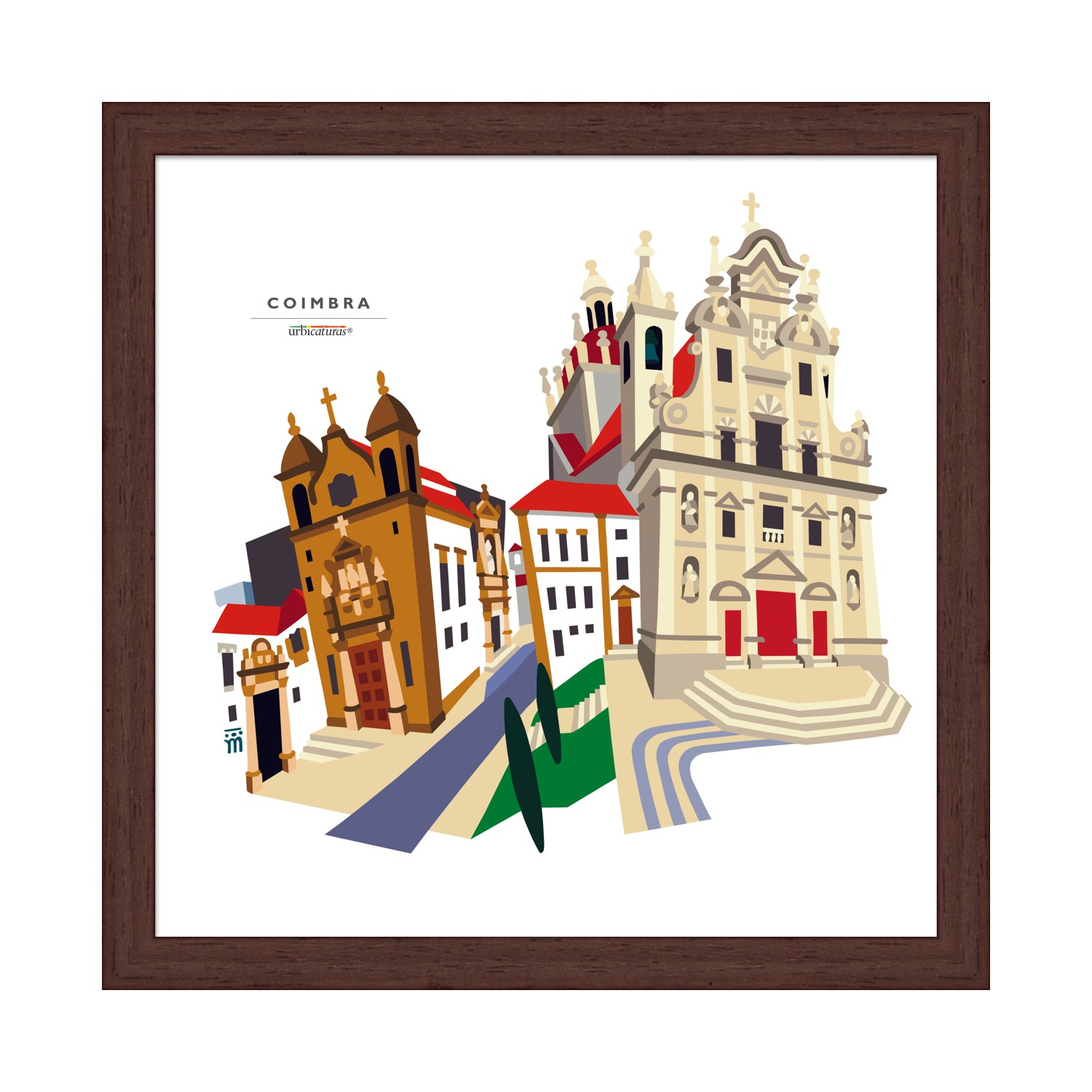 COIMBRA Recortes – Sé Nova Ilustração digital colorida de edifícios históricos de Coimbra emoldurada